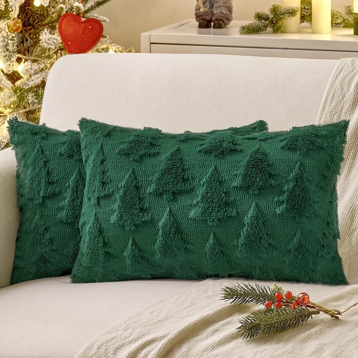 imageMIULEE Christmas Throw Pillow Covers Dark Green Christmas Decorations Set of 2 Xmas Tree 18x18 Pillow Covers Soft Plush Faux Wool Pillowcases Holiday Festivals Winter Home Decor Sofa Couch Bed PorchDark Green