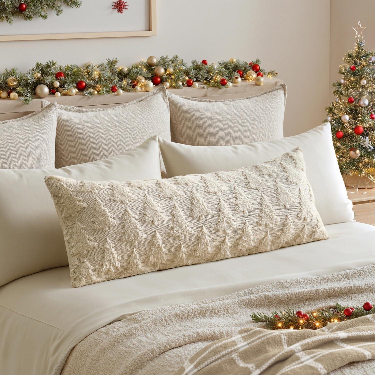 imageMIULEE Christmas Throw Pillow Covers Dark Green Christmas Decorations Set of 2 Xmas Tree 18x18 Pillow Covers Soft Plush Faux Wool Pillowcases Holiday Festivals Winter Home Decor Sofa Couch Bed PorchBeige