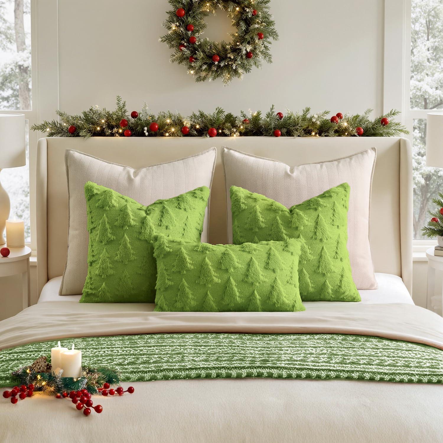 imageMIULEE Christmas Throw Pillow Covers Dark Green Christmas Decorations Set of 2 Xmas Tree 18x18 Pillow Covers Soft Plush Faux Wool Pillowcases Holiday Festivals Winter Home Decor Sofa Couch Bed PorchGreen