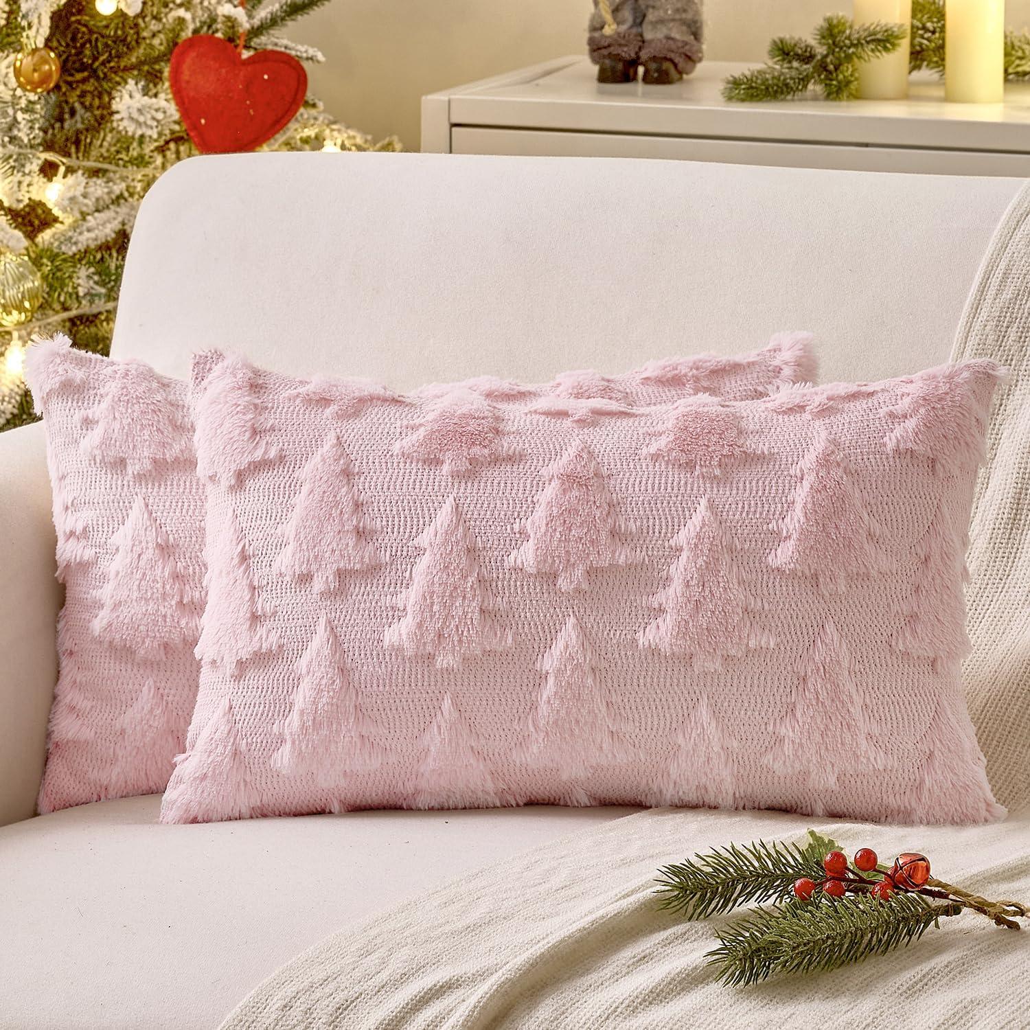 imageMIULEE Christmas Throw Pillow Covers Dark Green Christmas Decorations Set of 2 Xmas Tree 18x18 Pillow Covers Soft Plush Faux Wool Pillowcases Holiday Festivals Winter Home Decor Sofa Couch Bed PorchPink