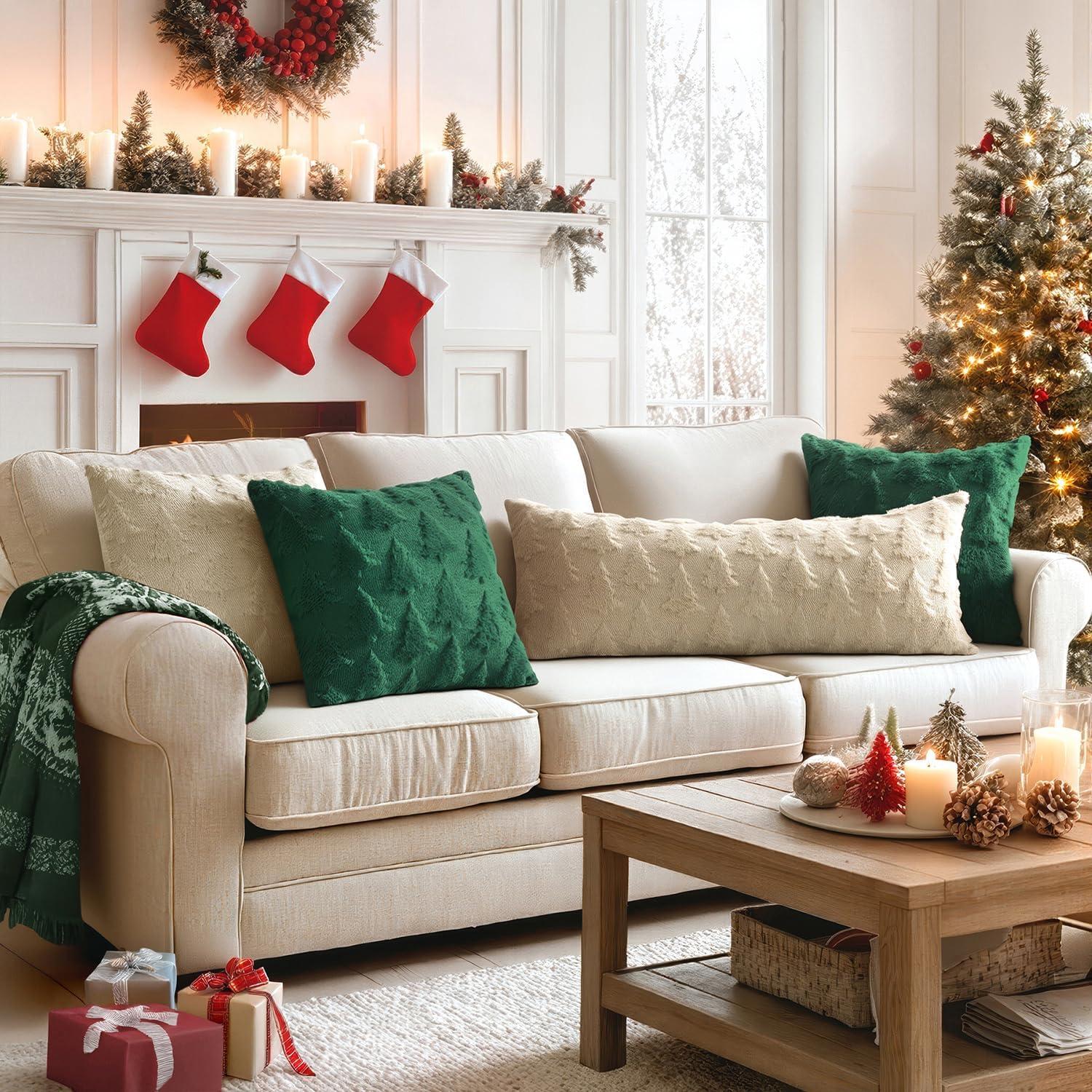 imageMIULEE Christmas Throw Pillow Covers Dark Green Christmas Decorations Set of 2 Xmas Tree 18x18 Pillow Covers Soft Plush Faux Wool Pillowcases Holiday Festivals Winter Home Decor Sofa Couch Bed PorchBeige