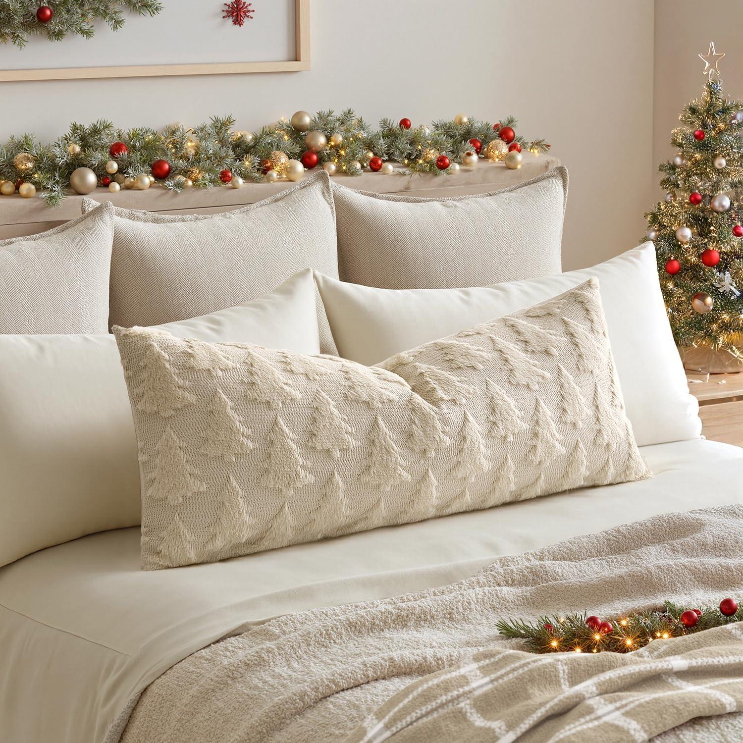 imageMIULEE Christmas Throw Pillow Covers Dark Green Christmas Decorations Set of 2 Xmas Tree 18x18 Pillow Covers Soft Plush Faux Wool Pillowcases Holiday Festivals Winter Home Decor Sofa Couch Bed PorchBeige