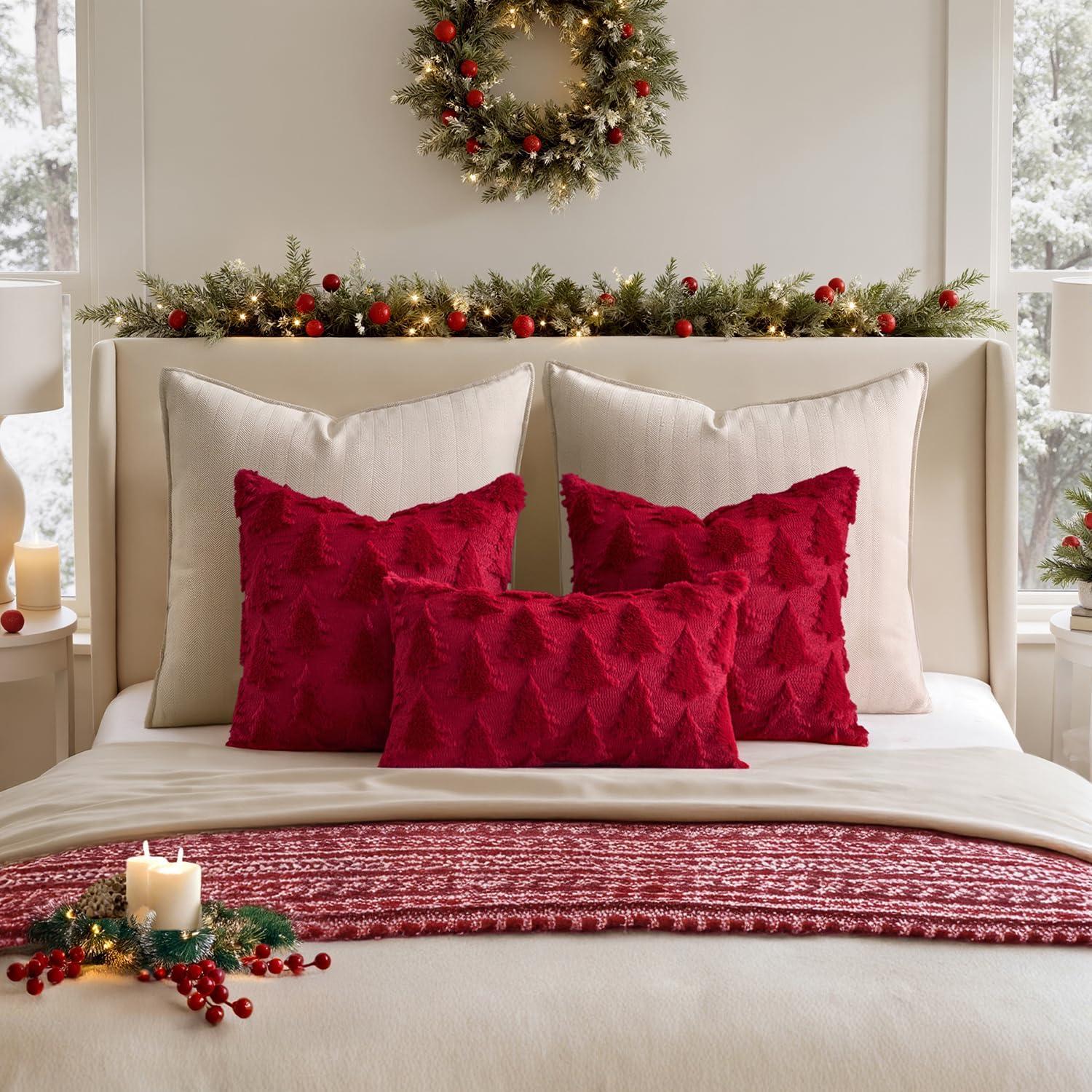 imageMIULEE Christmas Throw Pillow Covers Dark Green Christmas Decorations Set of 2 Xmas Tree 18x18 Pillow Covers Soft Plush Faux Wool Pillowcases Holiday Festivals Winter Home Decor Sofa Couch Bed PorchBurgundy Red