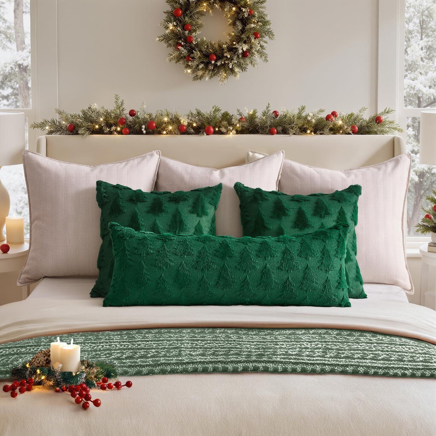 imageMIULEE Christmas Throw Pillow Covers Dark Green Christmas Decorations Set of 2 Xmas Tree 18x18 Pillow Covers Soft Plush Faux Wool Pillowcases Holiday Festivals Winter Home Decor Sofa Couch Bed PorchDark Green