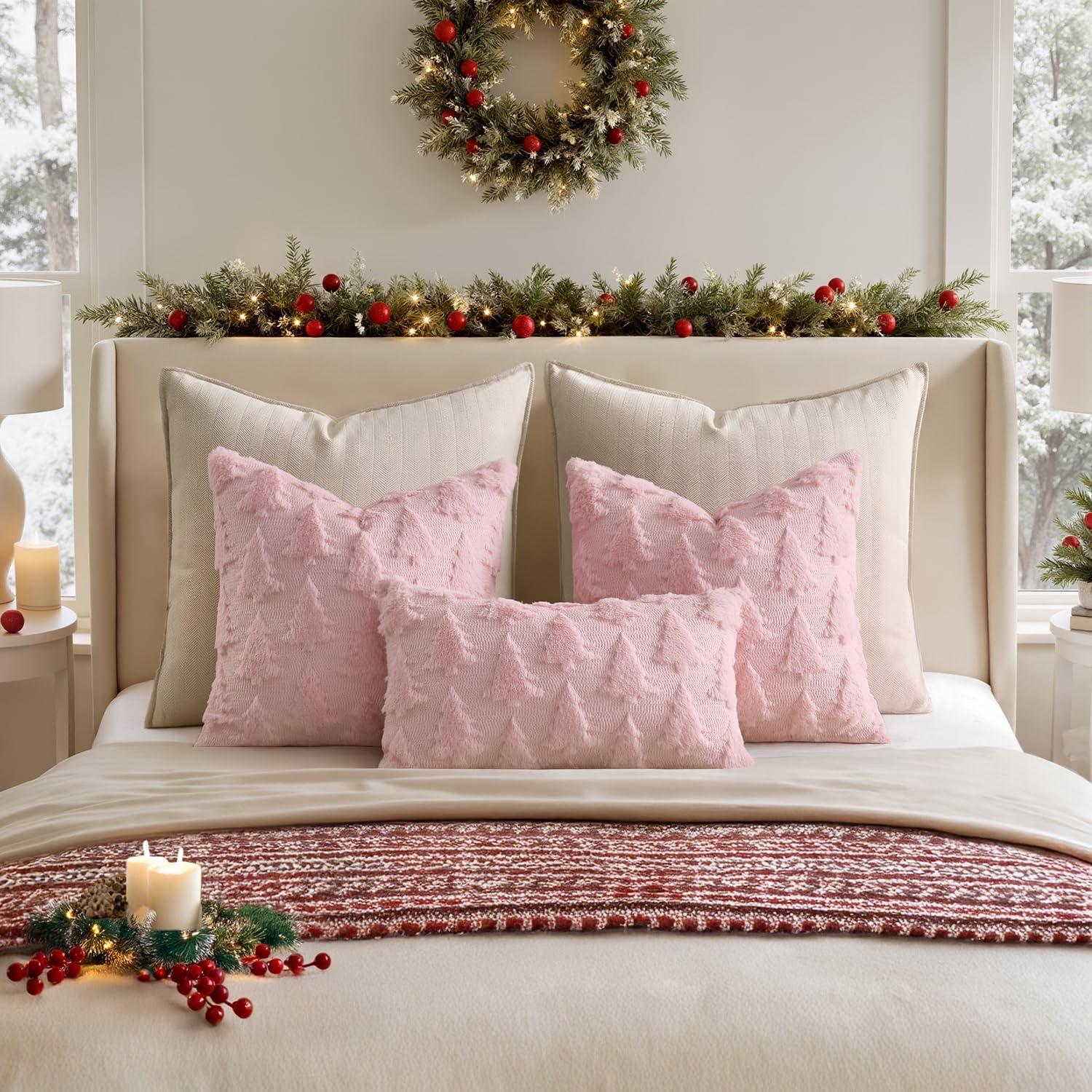 imageMIULEE Christmas Throw Pillow Covers Dark Green Christmas Decorations Set of 2 Xmas Tree 18x18 Pillow Covers Soft Plush Faux Wool Pillowcases Holiday Festivals Winter Home Decor Sofa Couch Bed PorchPink