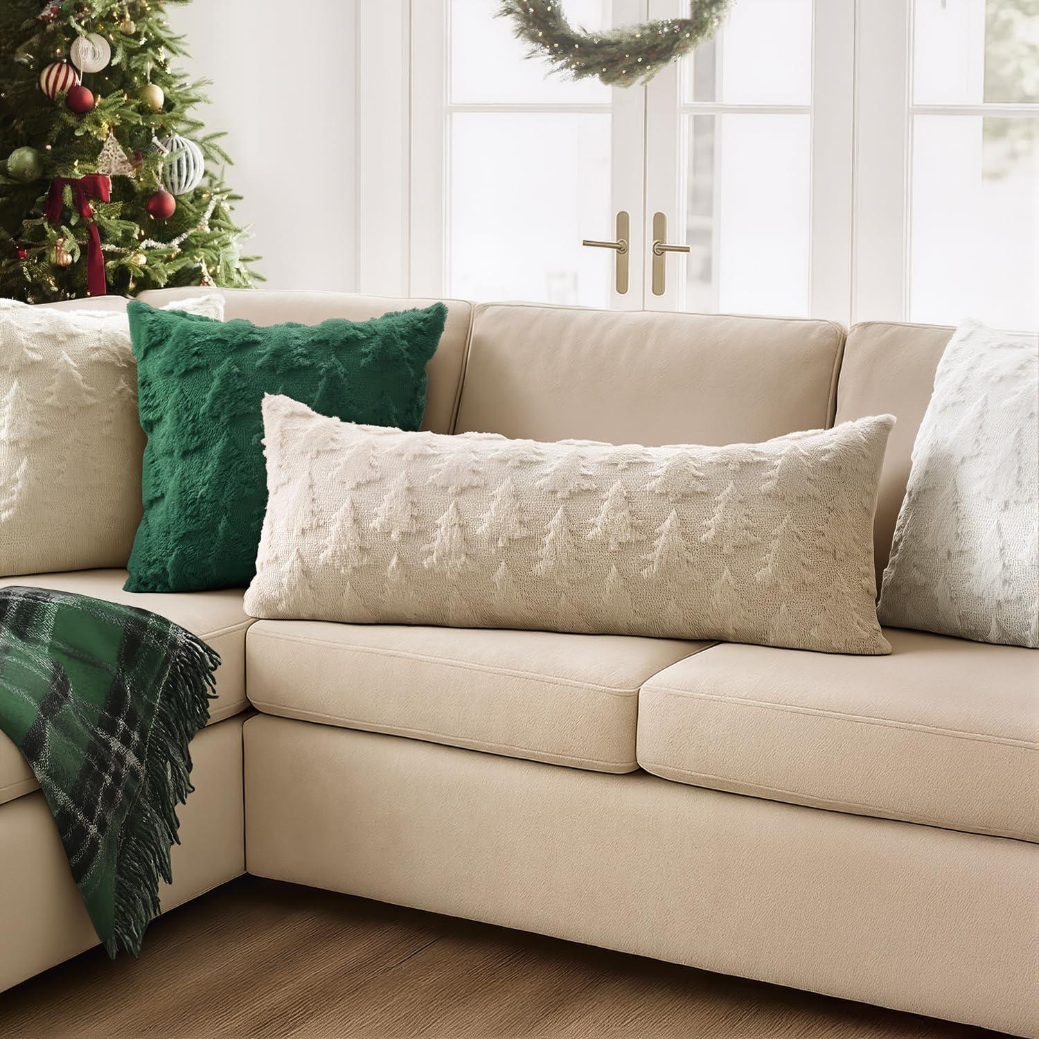 imageMIULEE Christmas Throw Pillow Covers Dark Green Christmas Decorations Set of 2 Xmas Tree 18x18 Pillow Covers Soft Plush Faux Wool Pillowcases Holiday Festivals Winter Home Decor Sofa Couch Bed PorchBeige