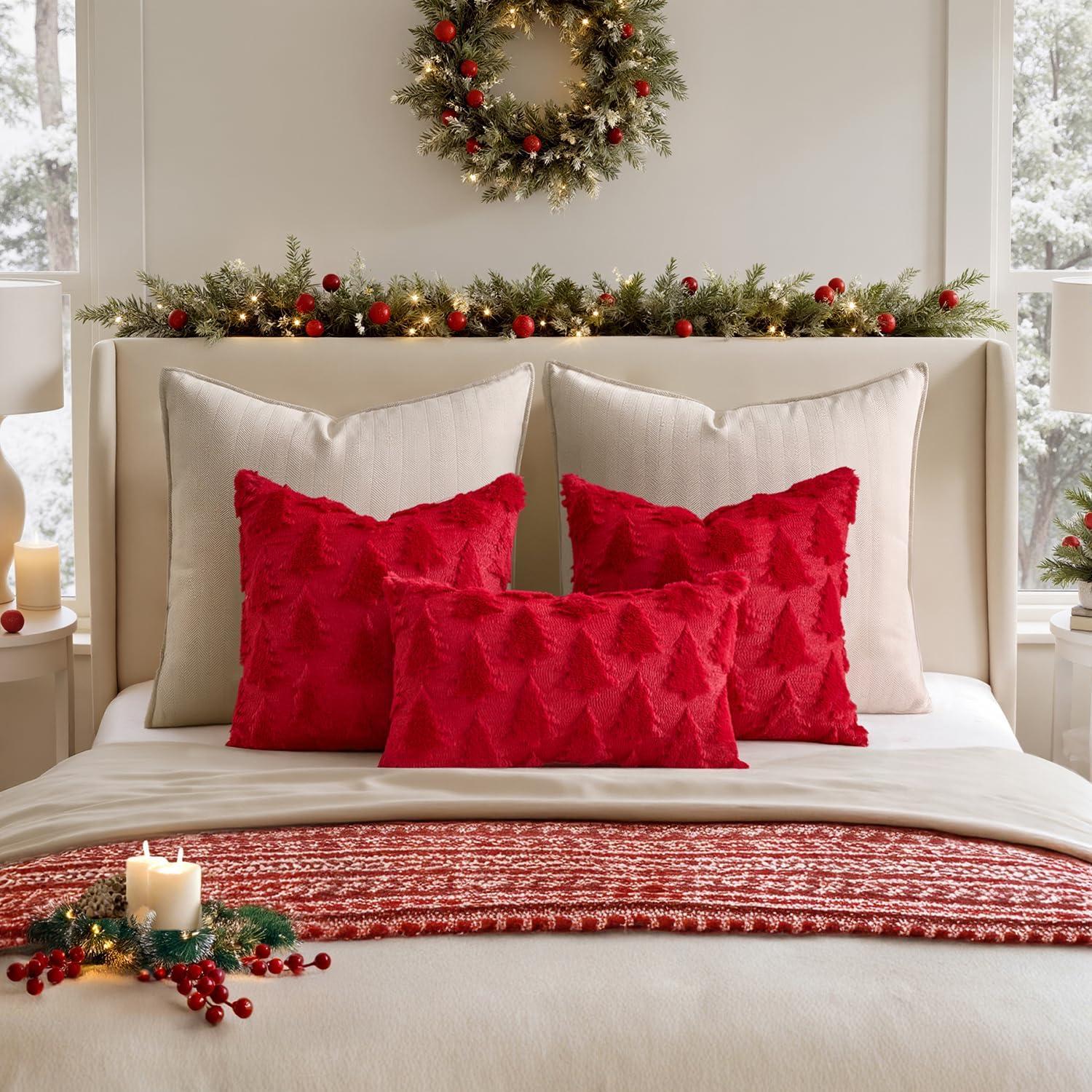 imageMIULEE Christmas Throw Pillow Covers Dark Green Christmas Decorations Set of 2 Xmas Tree 18x18 Pillow Covers Soft Plush Faux Wool Pillowcases Holiday Festivals Winter Home Decor Sofa Couch Bed PorchRed