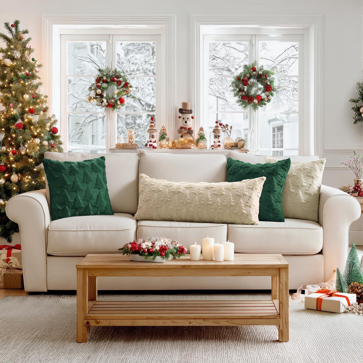 imageMIULEE Christmas Throw Pillow Covers Dark Green Christmas Decorations Set of 2 Xmas Tree 18x18 Pillow Covers Soft Plush Faux Wool Pillowcases Holiday Festivals Winter Home Decor Sofa Couch Bed PorchBeige