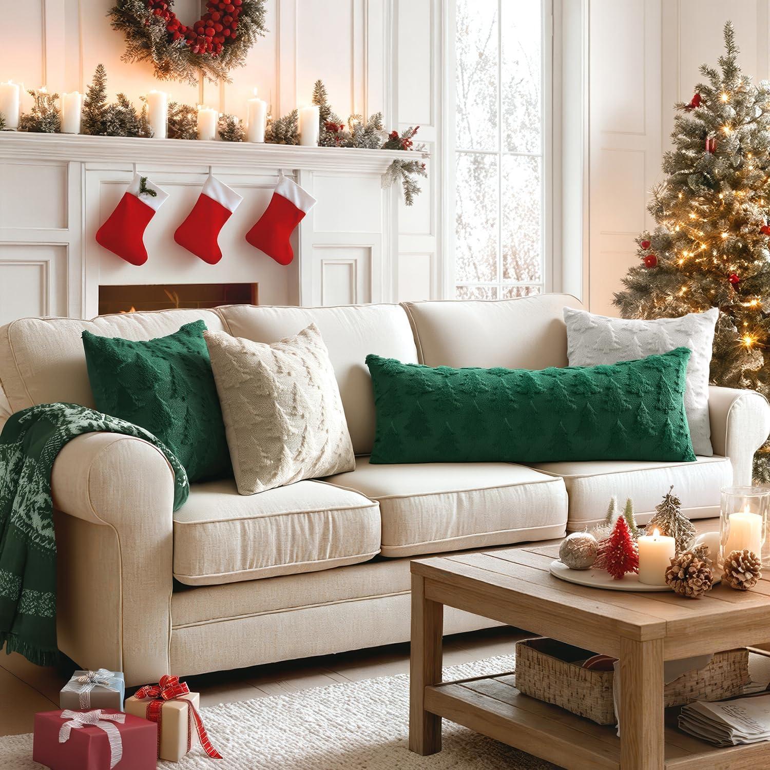 imageMIULEE Christmas Throw Pillow Covers Dark Green Christmas Decorations Set of 2 Xmas Tree 18x18 Pillow Covers Soft Plush Faux Wool Pillowcases Holiday Festivals Winter Home Decor Sofa Couch Bed PorchDark Green