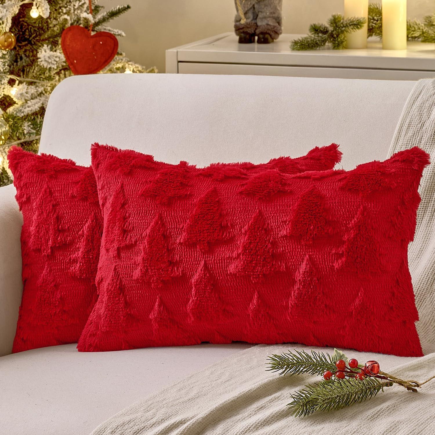 imageMIULEE Christmas Throw Pillow Covers Dark Green Christmas Decorations Set of 2 Xmas Tree 18x18 Pillow Covers Soft Plush Faux Wool Pillowcases Holiday Festivals Winter Home Decor Sofa Couch Bed PorchRed