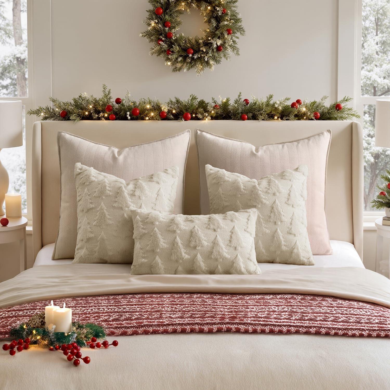 imageMIULEE Christmas Throw Pillow Covers Dark Green Christmas Decorations Set of 2 Xmas Tree 18x18 Pillow Covers Soft Plush Faux Wool Pillowcases Holiday Festivals Winter Home Decor Sofa Couch Bed PorchBeige