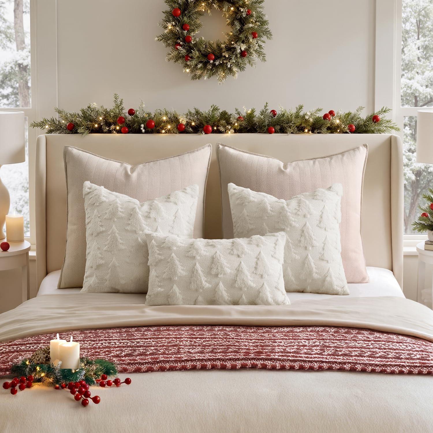 imageMIULEE Christmas Throw Pillow Covers Dark Green Christmas Decorations Set of 2 Xmas Tree 18x18 Pillow Covers Soft Plush Faux Wool Pillowcases Holiday Festivals Winter Home Decor Sofa Couch Bed PorchCream White