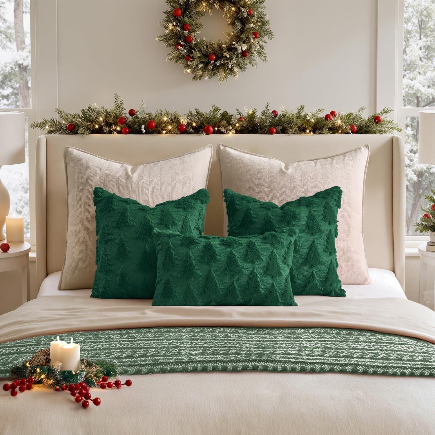 imageMIULEE Christmas Throw Pillow Covers Dark Green Christmas Decorations Set of 2 Xmas Tree 18x18 Pillow Covers Soft Plush Faux Wool Pillowcases Holiday Festivals Winter Home Decor Sofa Couch Bed PorchDark Green
