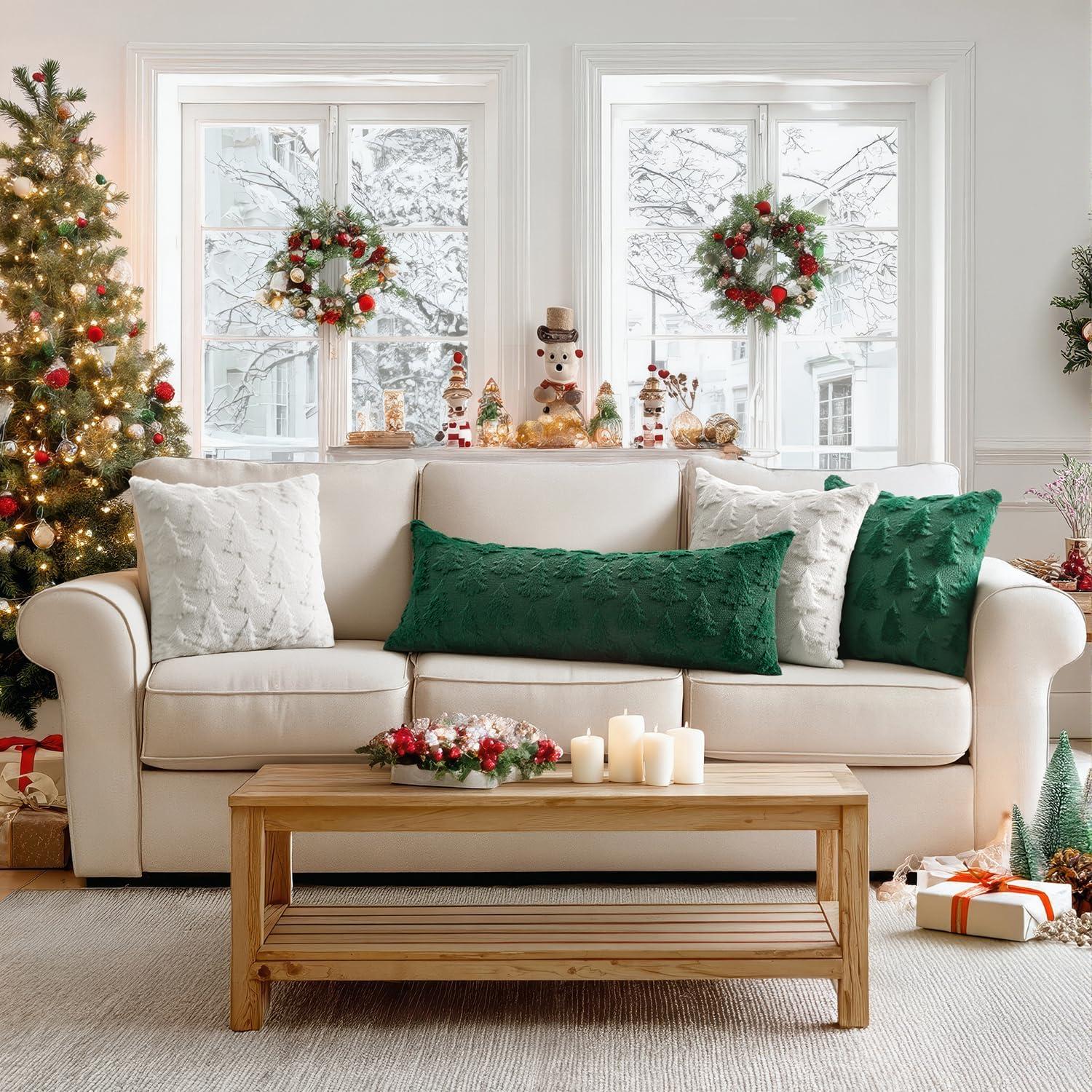 imageMIULEE Christmas Throw Pillow Covers Dark Green Christmas Decorations Set of 2 Xmas Tree 18x18 Pillow Covers Soft Plush Faux Wool Pillowcases Holiday Festivals Winter Home Decor Sofa Couch Bed PorchDark Green