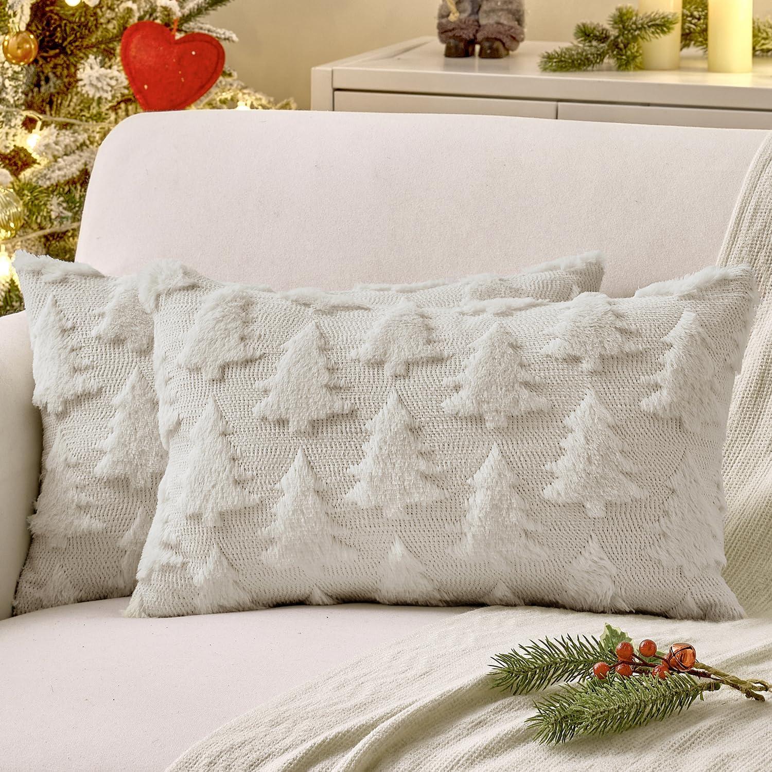 imageMIULEE Christmas Throw Pillow Covers Dark Green Christmas Decorations Set of 2 Xmas Tree 18x18 Pillow Covers Soft Plush Faux Wool Pillowcases Holiday Festivals Winter Home Decor Sofa Couch Bed PorchCream White
