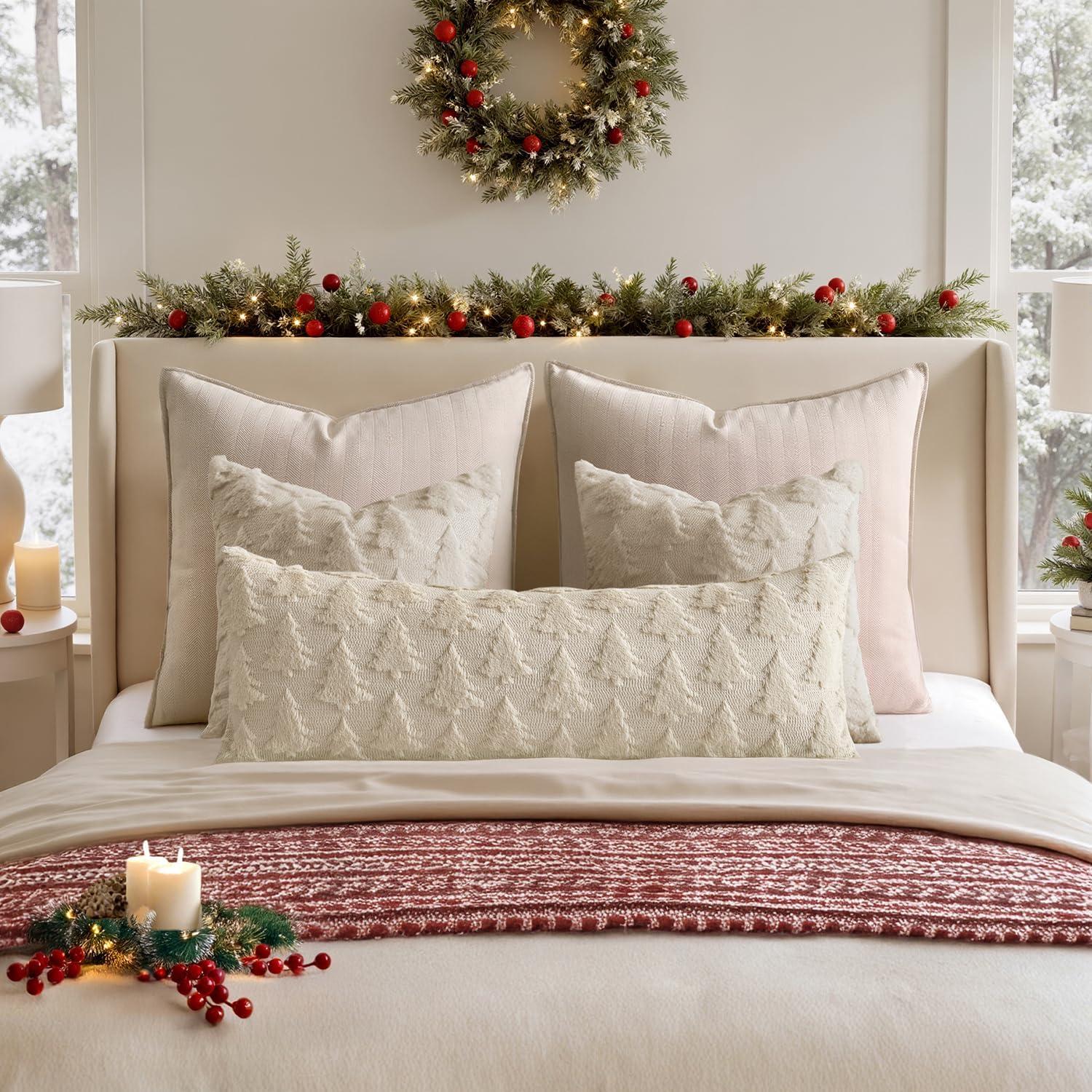 imageMIULEE Christmas Throw Pillow Covers Dark Green Christmas Decorations Set of 2 Xmas Tree 18x18 Pillow Covers Soft Plush Faux Wool Pillowcases Holiday Festivals Winter Home Decor Sofa Couch Bed PorchBeige