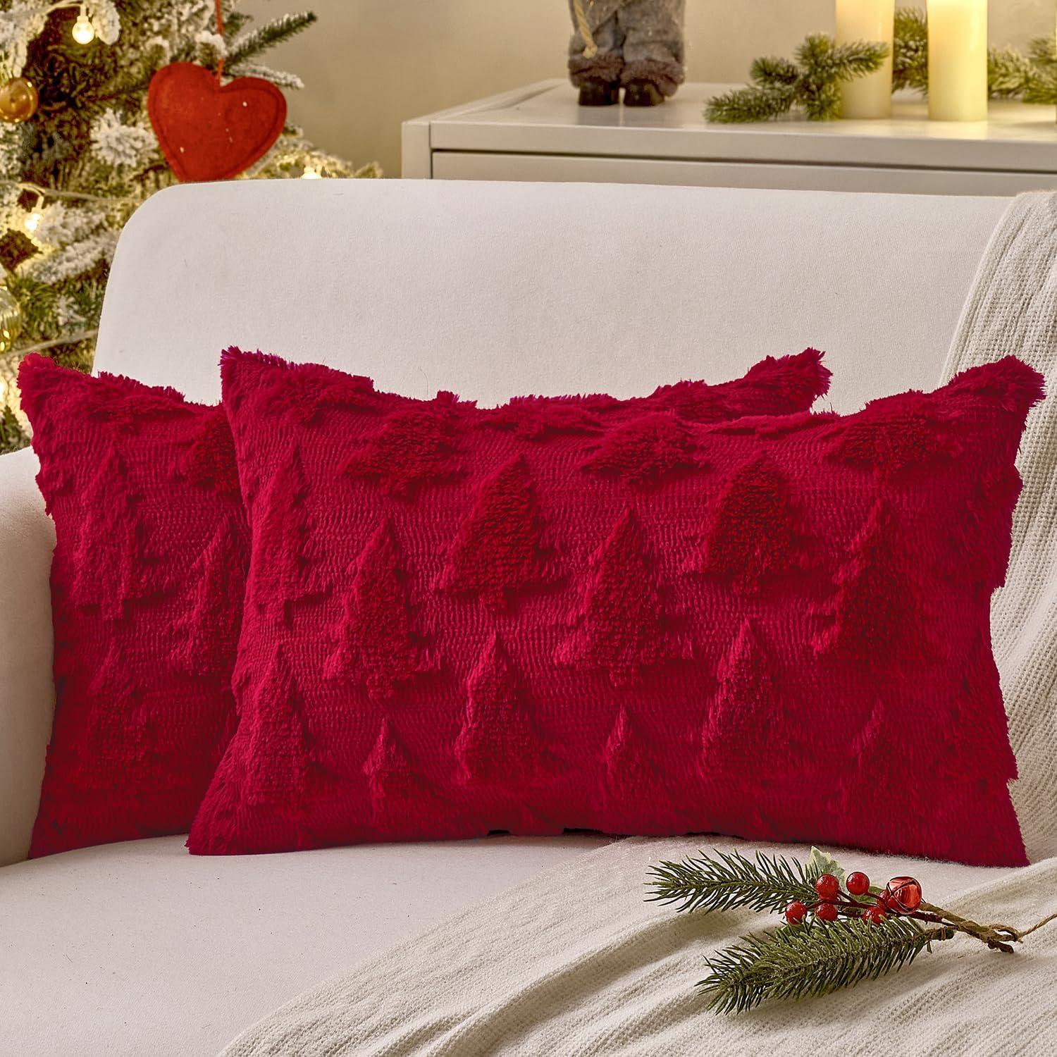 imageMIULEE Christmas Throw Pillow Covers Dark Green Christmas Decorations Set of 2 Xmas Tree 18x18 Pillow Covers Soft Plush Faux Wool Pillowcases Holiday Festivals Winter Home Decor Sofa Couch Bed PorchBurgundy Red