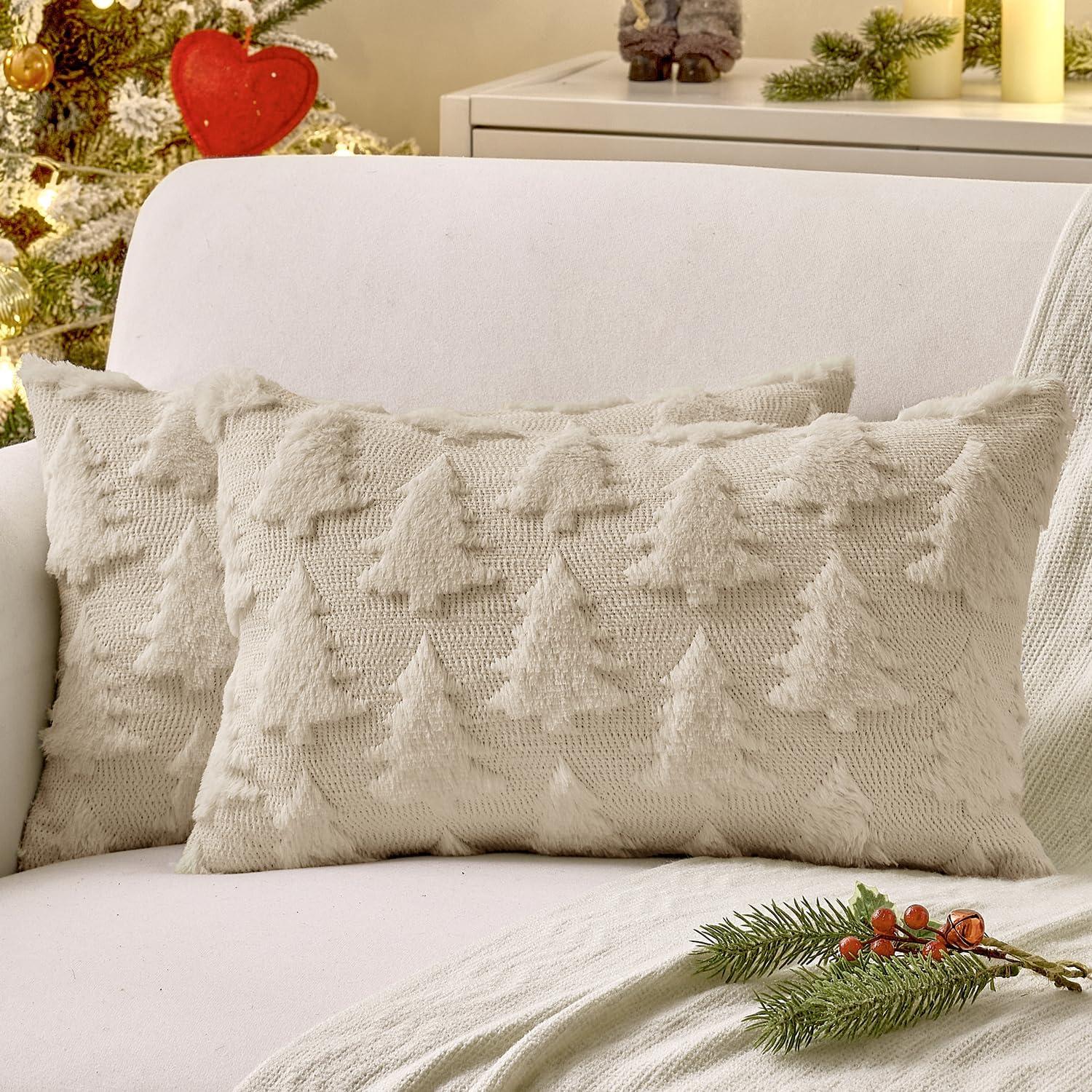 imageMIULEE Christmas Throw Pillow Covers Dark Green Christmas Decorations Set of 2 Xmas Tree 18x18 Pillow Covers Soft Plush Faux Wool Pillowcases Holiday Festivals Winter Home Decor Sofa Couch Bed PorchBeige