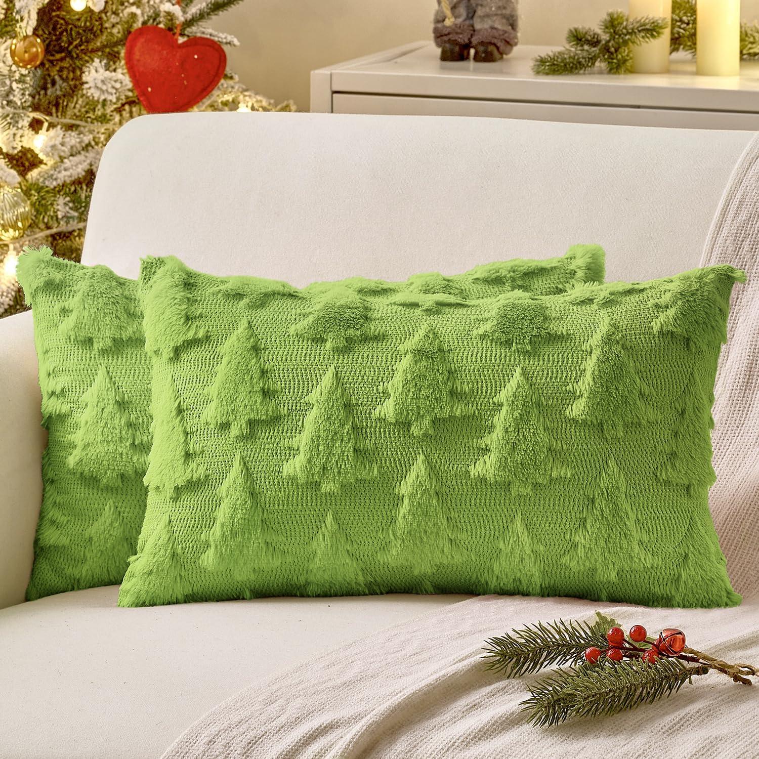 imageMIULEE Christmas Throw Pillow Covers Dark Green Christmas Decorations Set of 2 Xmas Tree 18x18 Pillow Covers Soft Plush Faux Wool Pillowcases Holiday Festivals Winter Home Decor Sofa Couch Bed PorchGreen