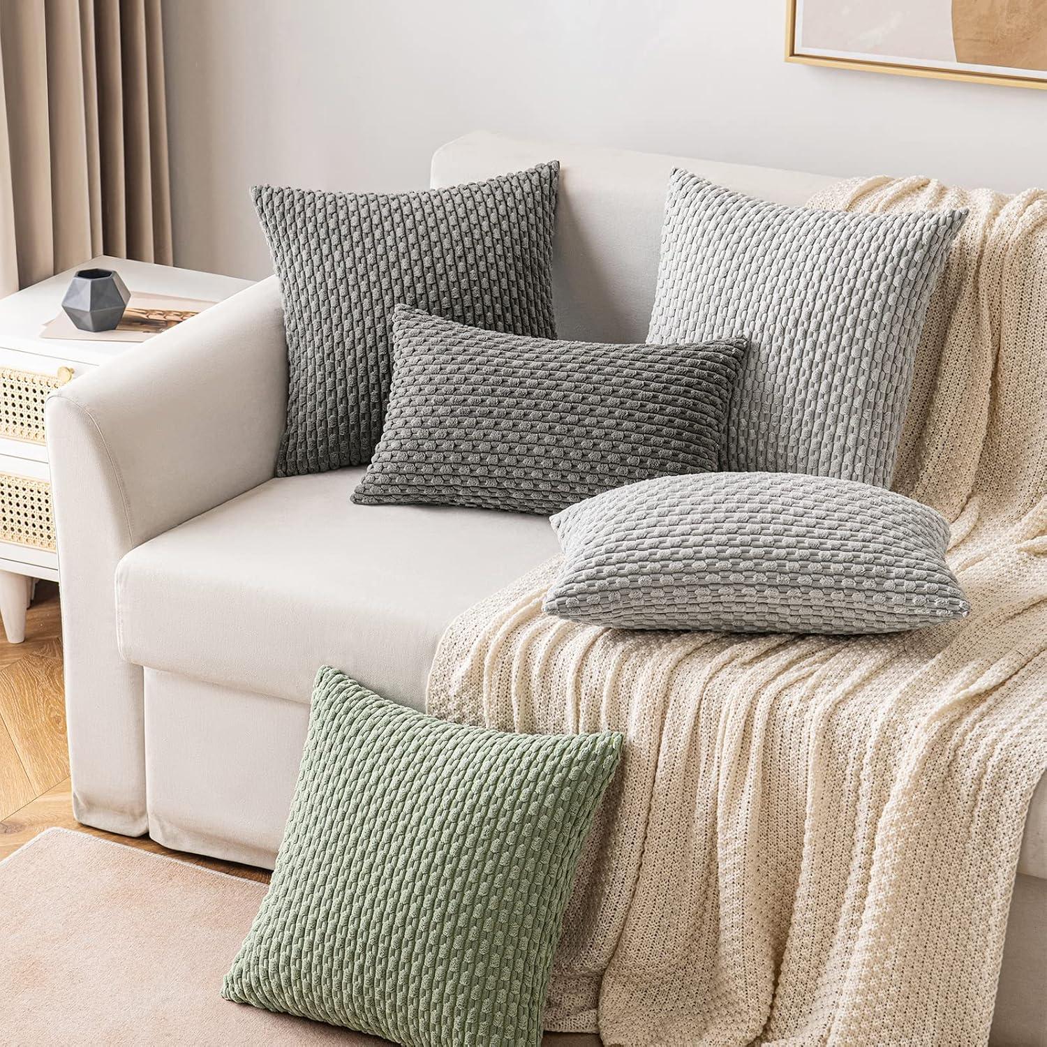 imageMIULEE Christmas Throw Pillow Covers Soft Corduroy Decorative Set of 2 Boho Striped Pillow Covers Pillowcases Farmhouse Home Decor for Couch Bed Sofa Living Room 18x18 Inch Pure WhiteLight Grey
