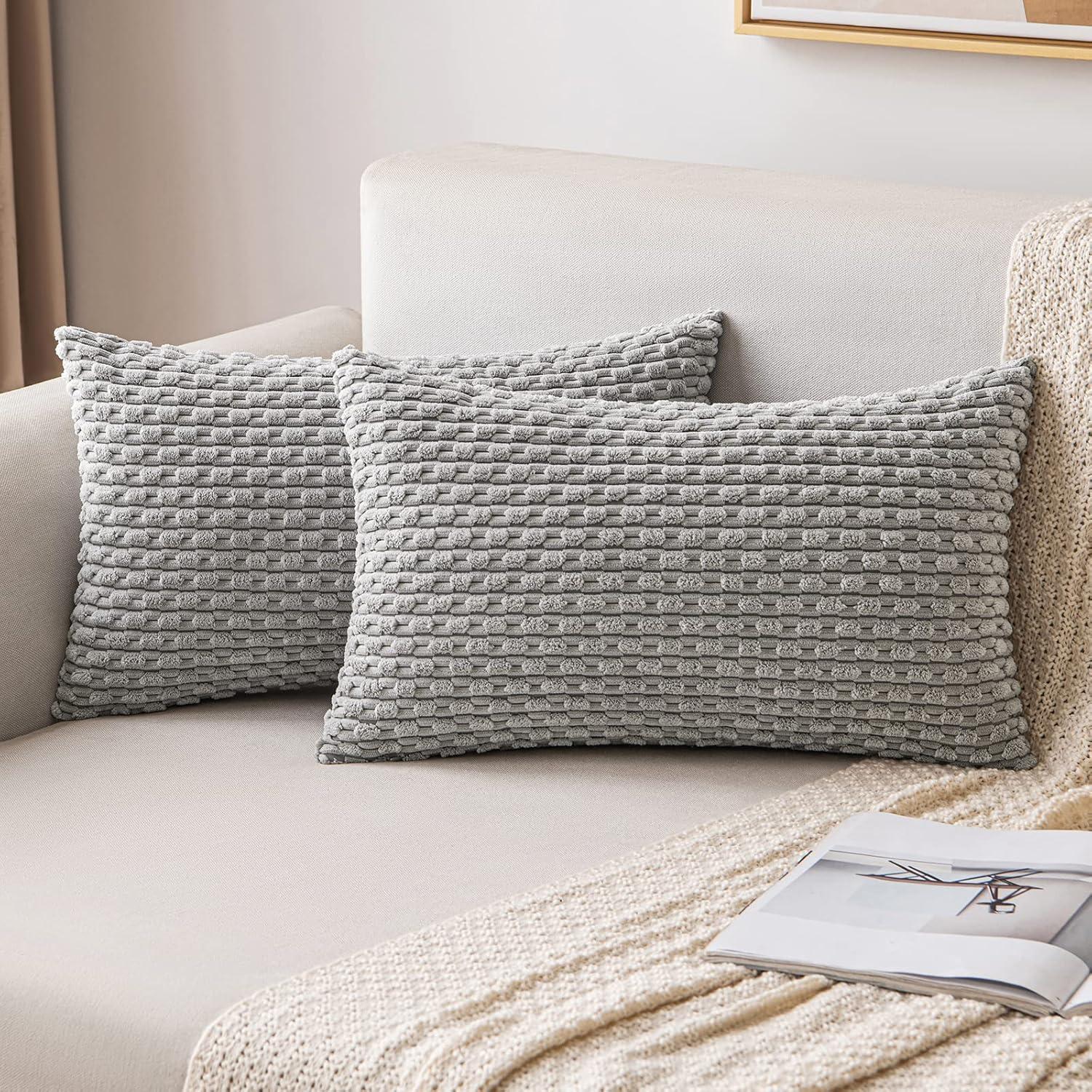 imageMIULEE Christmas Throw Pillow Covers Soft Corduroy Decorative Set of 2 Boho Striped Pillow Covers Pillowcases Farmhouse Home Decor for Couch Bed Sofa Living Room 18x18 Inch Pure WhiteLight Grey
