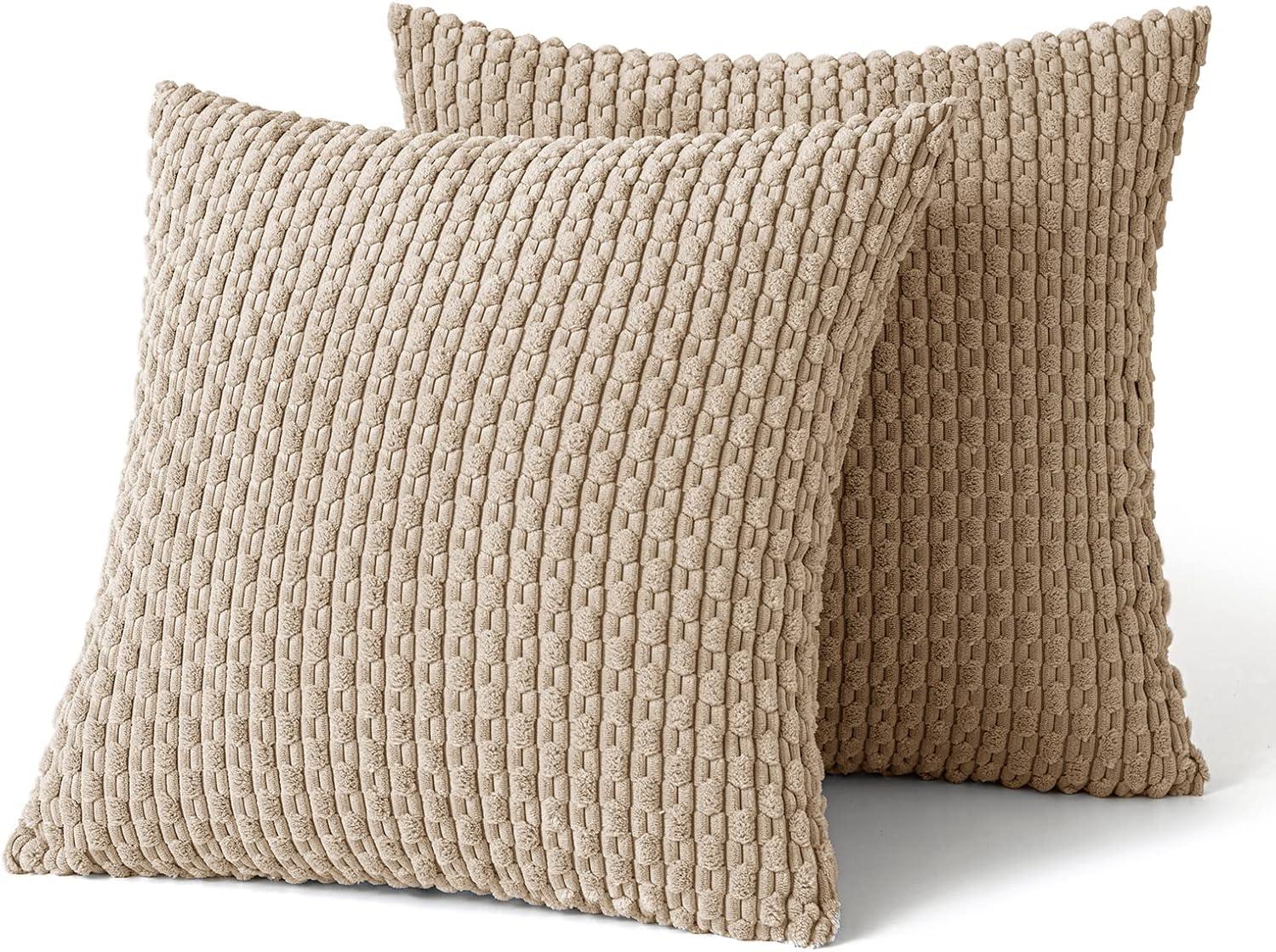 imageMIULEE Christmas Throw Pillow Covers Soft Corduroy Decorative Set of 2 Boho Striped Pillow Covers Pillowcases Farmhouse Home Decor for Couch Bed Sofa Living Room 18x18 Inch Pure WhiteTan