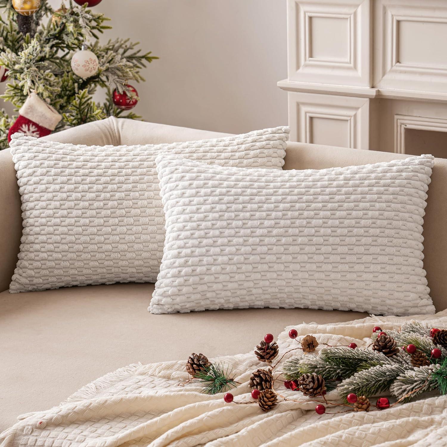 imageMIULEE Christmas Throw Pillow Covers Soft Corduroy Decorative Set of 2 Boho Striped Pillow Covers Pillowcases Farmhouse Home Decor for Couch Bed Sofa Living Room 18x18 Inch Pure WhitePure White