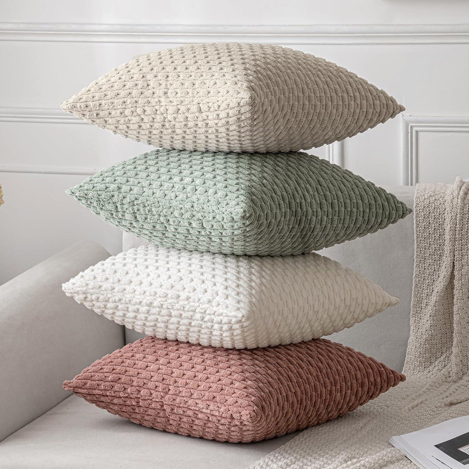 imageMIULEE Christmas Throw Pillow Covers Soft Corduroy Decorative Set of 2 Boho Striped Pillow Covers Pillowcases Farmhouse Home Decor for Couch Bed Sofa Living Room 18x18 Inch Pure WhiteCream White