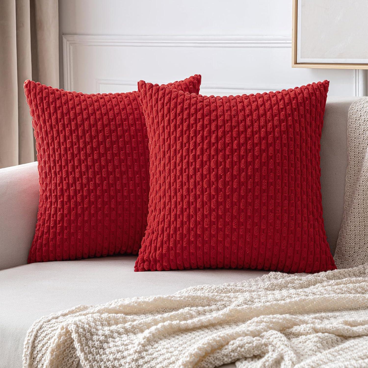 imageMIULEE Christmas Throw Pillow Covers Soft Corduroy Decorative Set of 2 Boho Striped Pillow Covers Pillowcases Farmhouse Home Decor for Couch Bed Sofa Living Room 18x18 Inch Pure WhiteRed