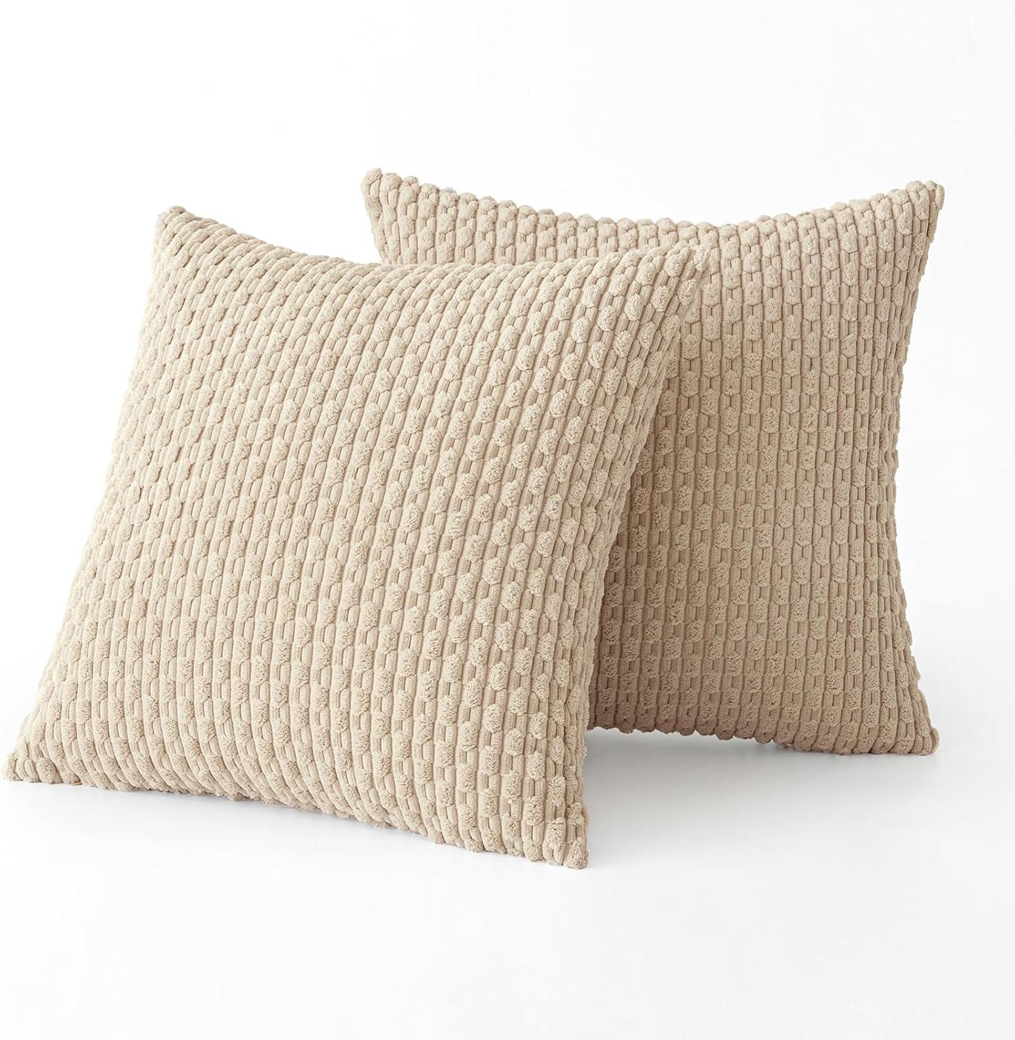 imageMIULEE Christmas Throw Pillow Covers Soft Corduroy Decorative Set of 2 Boho Striped Pillow Covers Pillowcases Farmhouse Home Decor for Couch Bed Sofa Living Room 18x18 Inch Pure WhiteBeige