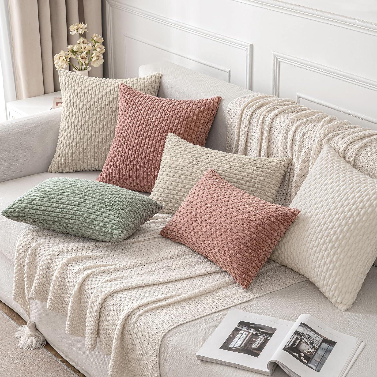 imageMIULEE Christmas Throw Pillow Covers Soft Corduroy Decorative Set of 2 Boho Striped Pillow Covers Pillowcases Farmhouse Home Decor for Couch Bed Sofa Living Room 18x18 Inch Pure WhiteGreyish Green