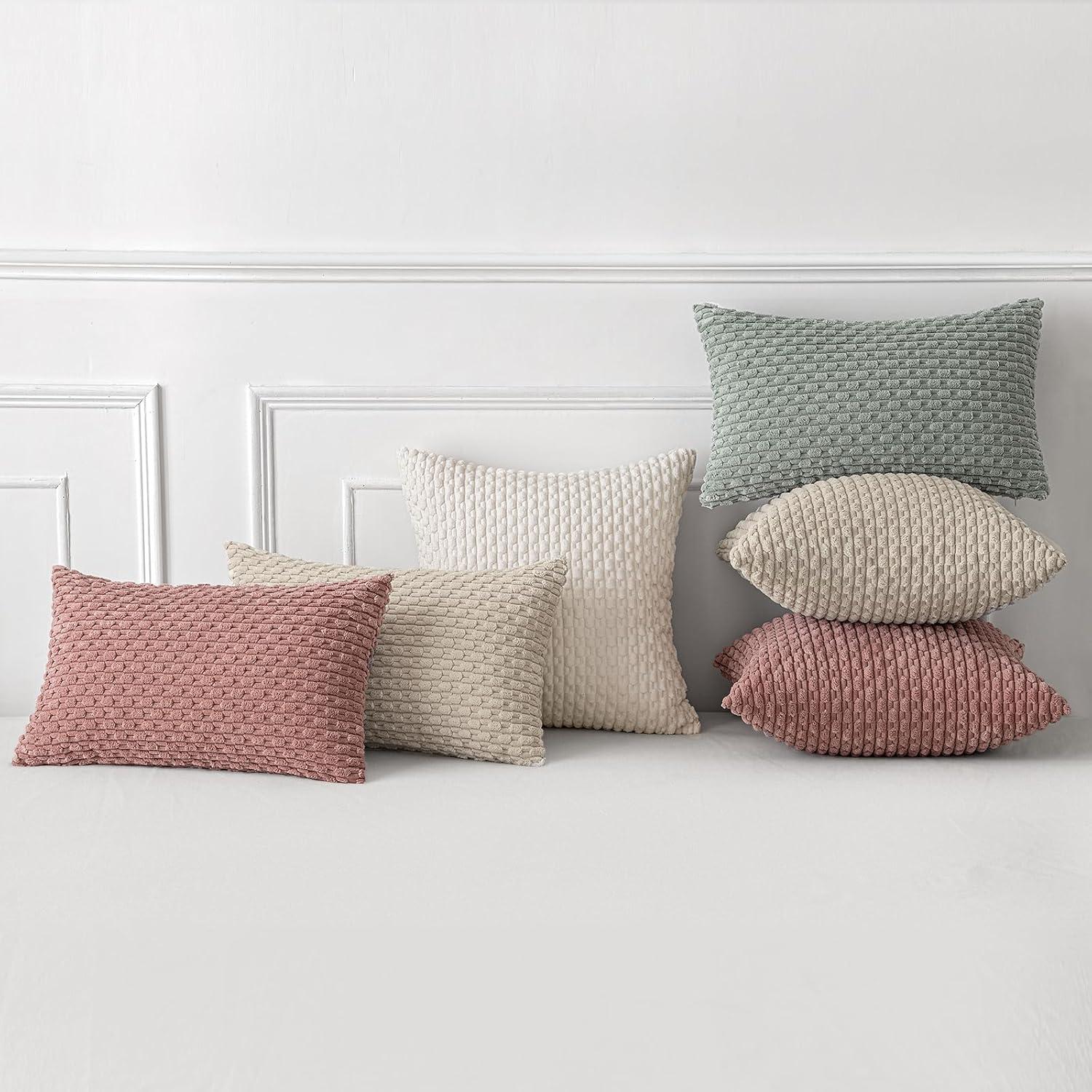 imageMIULEE Christmas Throw Pillow Covers Soft Corduroy Decorative Set of 2 Boho Striped Pillow Covers Pillowcases Farmhouse Home Decor for Couch Bed Sofa Living Room 18x18 Inch Pure WhiteGreyish Green