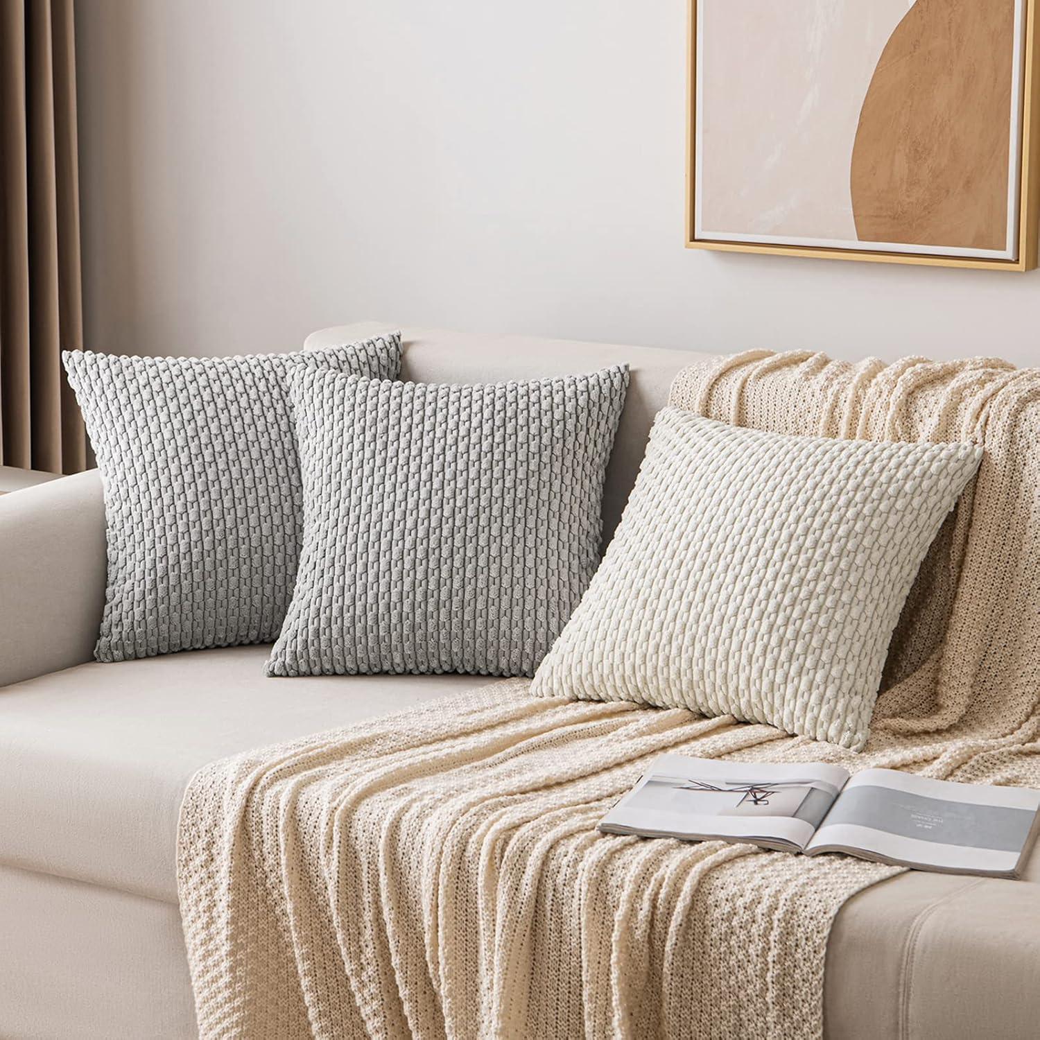 imageMIULEE Christmas Throw Pillow Covers Soft Corduroy Decorative Set of 2 Boho Striped Pillow Covers Pillowcases Farmhouse Home Decor for Couch Bed Sofa Living Room 18x18 Inch Pure WhiteLight Grey