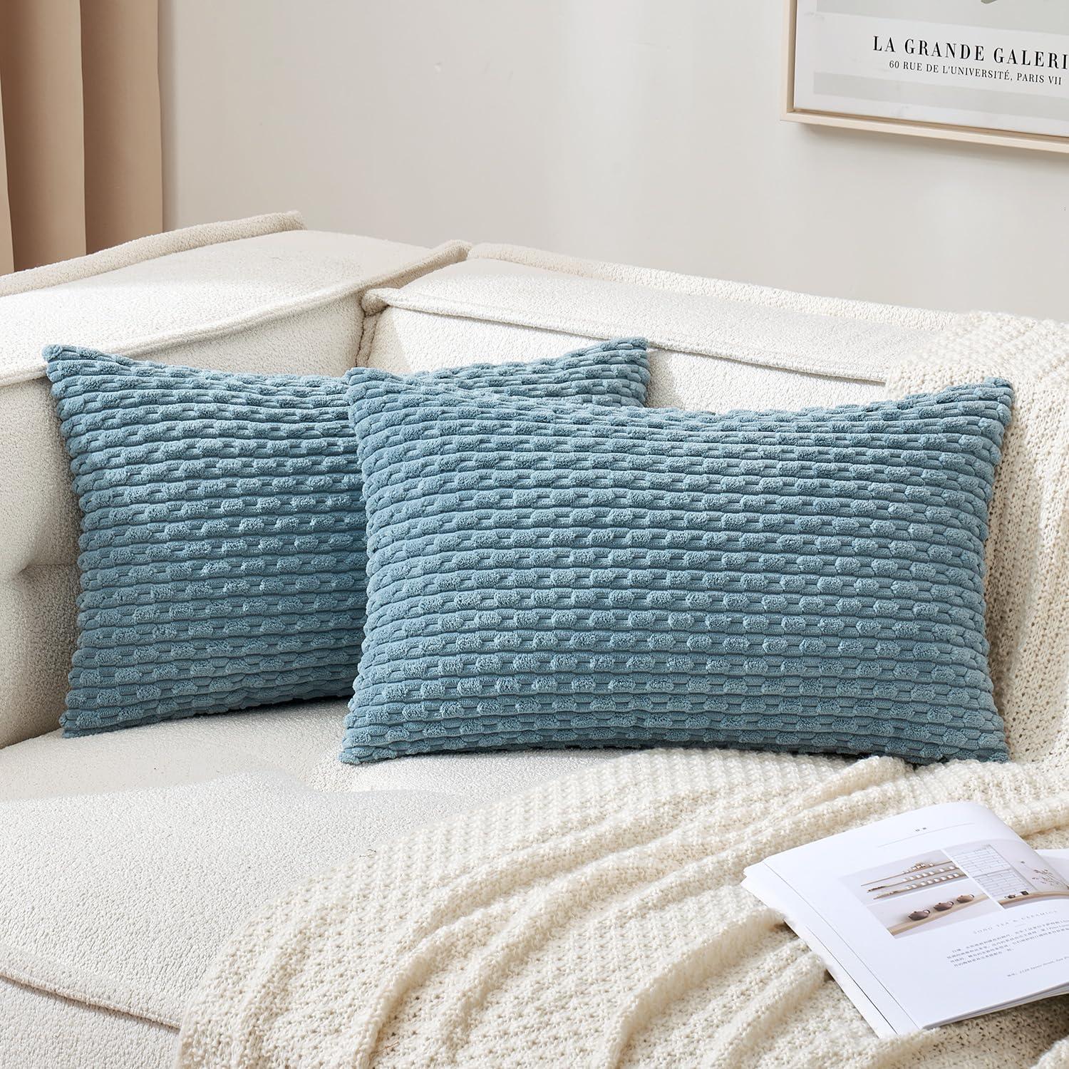 imageMIULEE Christmas Throw Pillow Covers Soft Corduroy Decorative Set of 2 Boho Striped Pillow Covers Pillowcases Farmhouse Home Decor for Couch Bed Sofa Living Room 18x18 Inch Pure WhiteBlue Grey