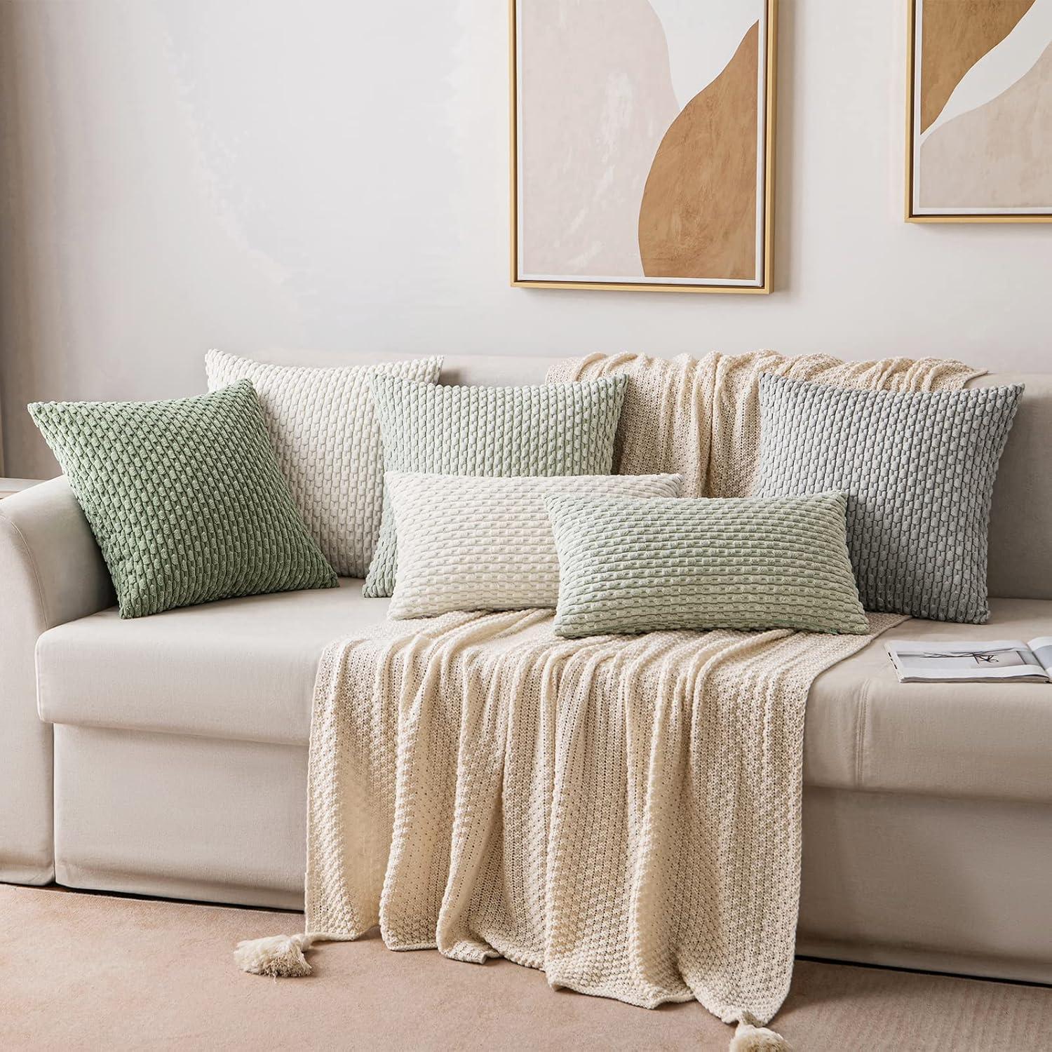 imageMIULEE Christmas Throw Pillow Covers Soft Corduroy Decorative Set of 2 Boho Striped Pillow Covers Pillowcases Farmhouse Home Decor for Couch Bed Sofa Living Room 18x18 Inch Pure WhiteLight Green