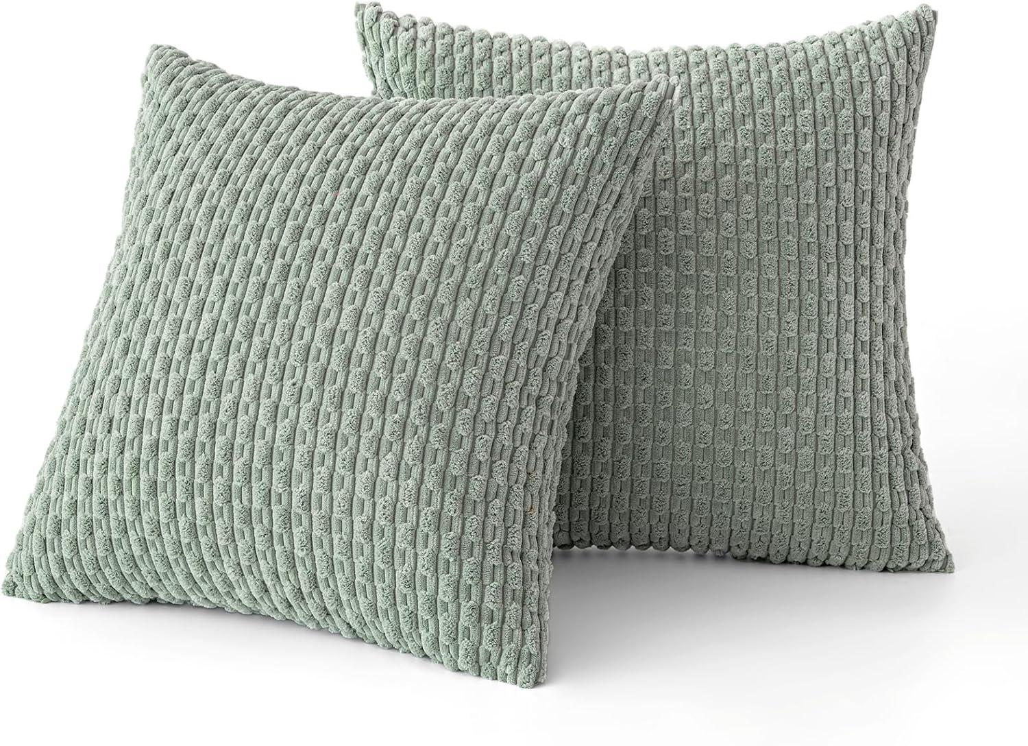 imageMIULEE Christmas Throw Pillow Covers Soft Corduroy Decorative Set of 2 Boho Striped Pillow Covers Pillowcases Farmhouse Home Decor for Couch Bed Sofa Living Room 18x18 Inch Pure WhiteGreyish Green