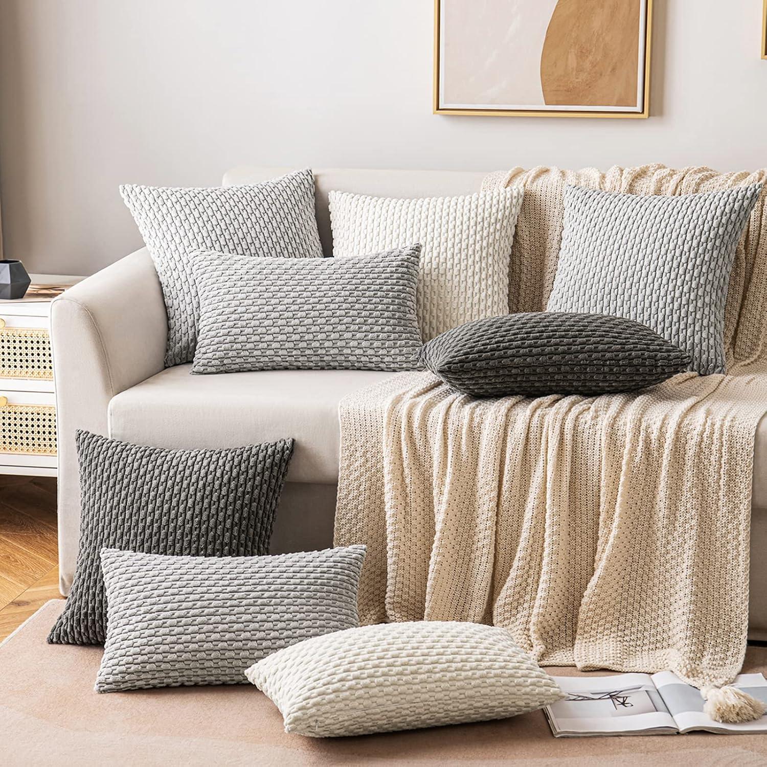imageMIULEE Christmas Throw Pillow Covers Soft Corduroy Decorative Set of 2 Boho Striped Pillow Covers Pillowcases Farmhouse Home Decor for Couch Bed Sofa Living Room 18x18 Inch Pure WhiteLight Grey