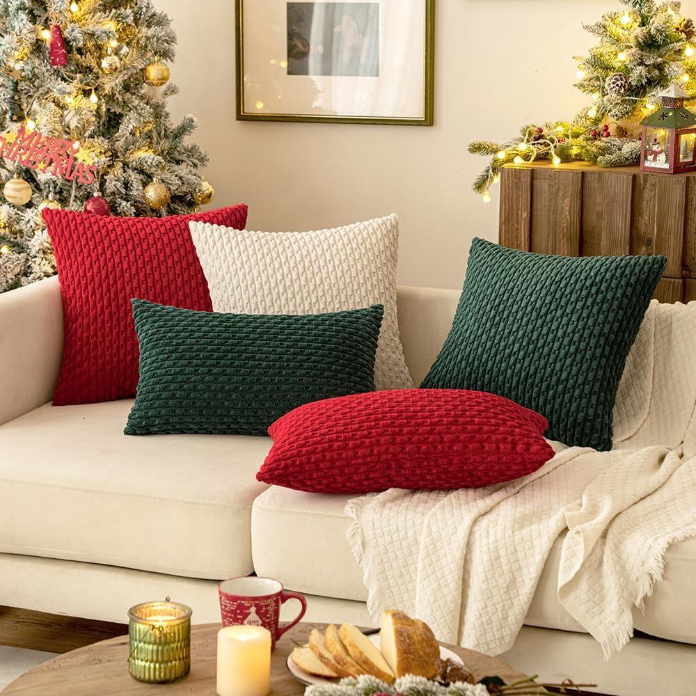 imageMIULEE Christmas Throw Pillow Covers Soft Corduroy Decorative Set of 2 Boho Striped Pillow Covers Pillowcases Farmhouse Home Decor for Couch Bed Sofa Living Room 18x18 Inch Pure WhiteCream White
