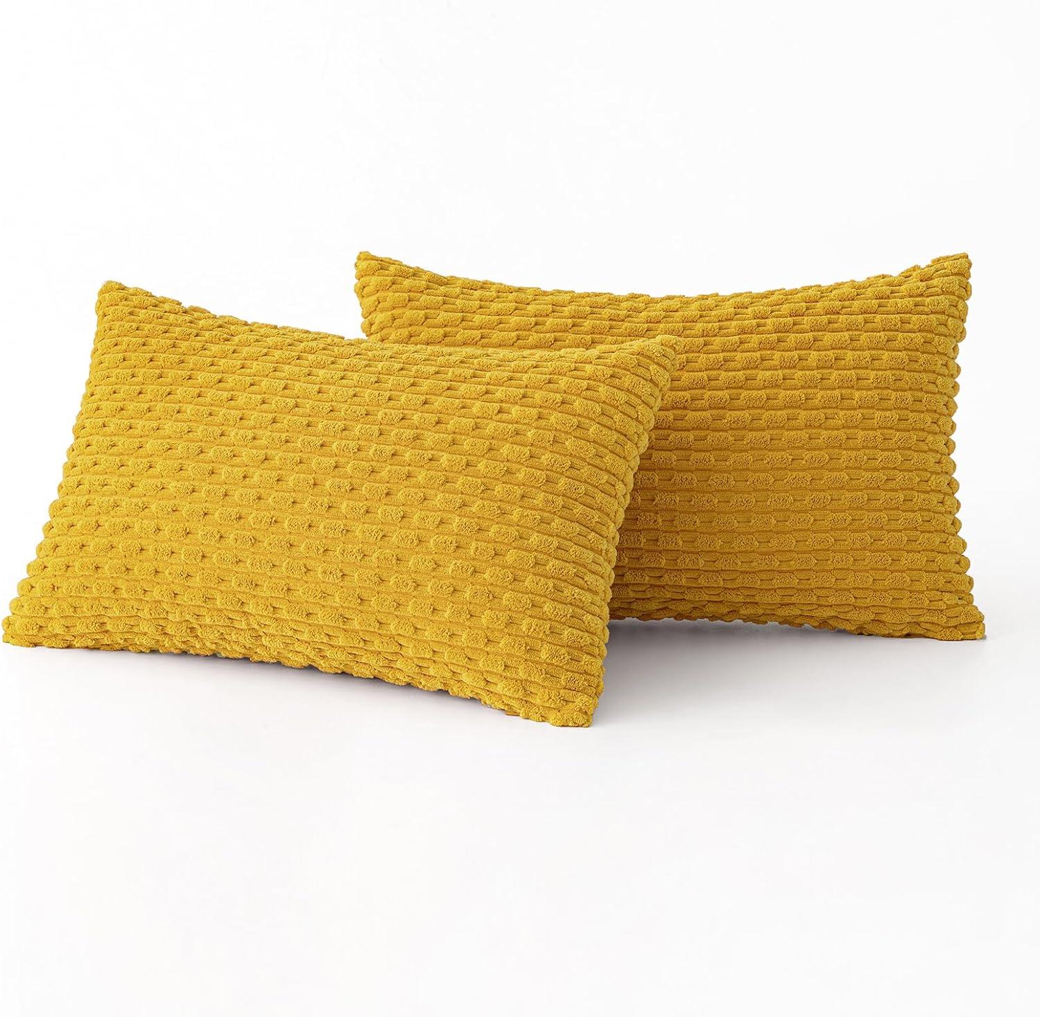 imageMIULEE Christmas Throw Pillow Covers Soft Corduroy Decorative Set of 2 Boho Striped Pillow Covers Pillowcases Farmhouse Home Decor for Couch Bed Sofa Living Room 18x18 Inch Pure WhiteMustard Yellow
