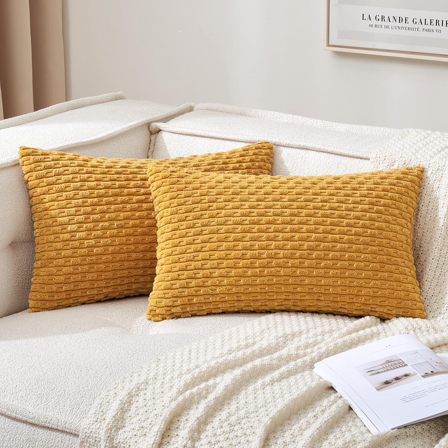 imageMIULEE Christmas Throw Pillow Covers Soft Corduroy Decorative Set of 2 Boho Striped Pillow Covers Pillowcases Farmhouse Home Decor for Couch Bed Sofa Living Room 18x18 Inch Pure WhiteYellow