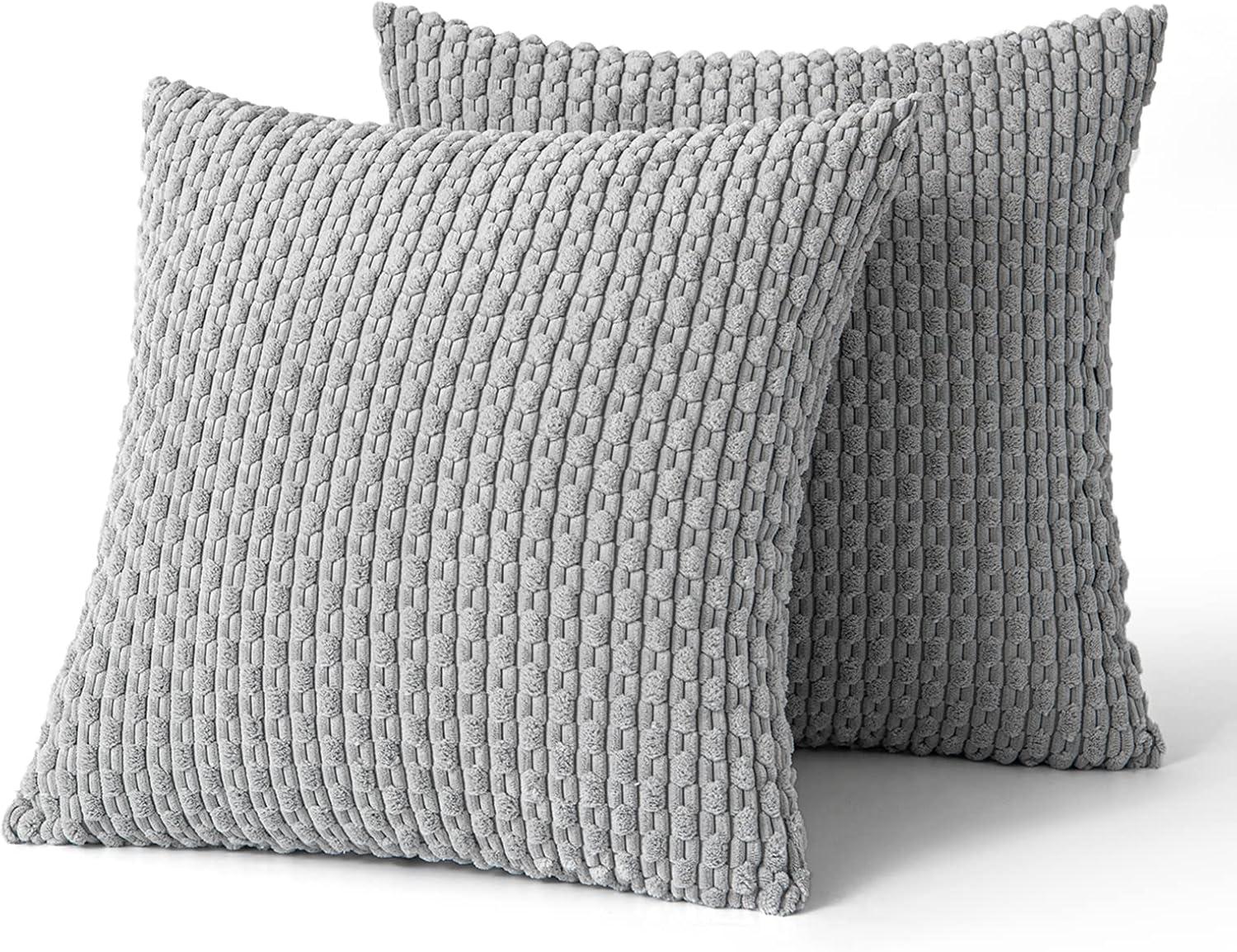 imageMIULEE Christmas Throw Pillow Covers Soft Corduroy Decorative Set of 2 Boho Striped Pillow Covers Pillowcases Farmhouse Home Decor for Couch Bed Sofa Living Room 18x18 Inch Pure WhiteLight Grey