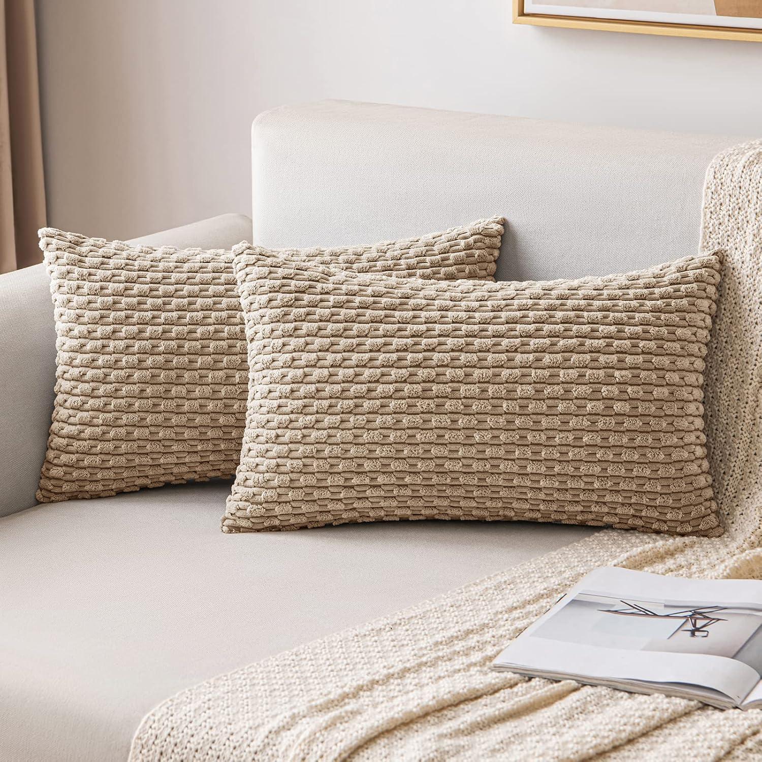 imageMIULEE Christmas Throw Pillow Covers Soft Corduroy Decorative Set of 2 Boho Striped Pillow Covers Pillowcases Farmhouse Home Decor for Couch Bed Sofa Living Room 18x18 Inch Pure WhiteTan