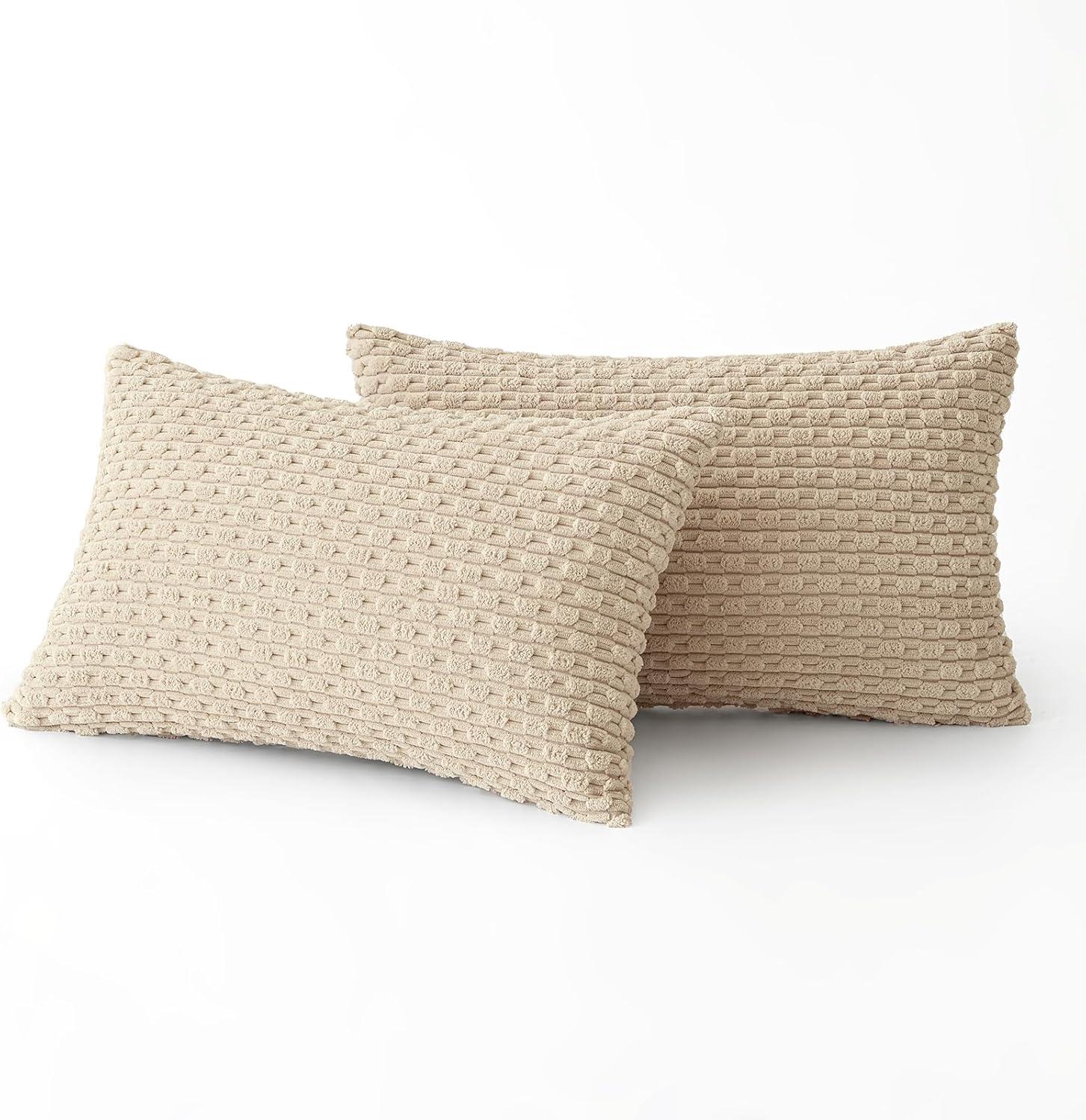imageMIULEE Christmas Throw Pillow Covers Soft Corduroy Decorative Set of 2 Boho Striped Pillow Covers Pillowcases Farmhouse Home Decor for Couch Bed Sofa Living Room 18x18 Inch Pure WhiteBeige