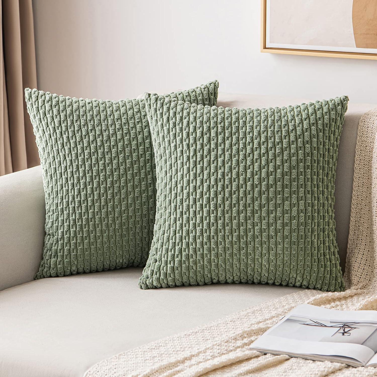 imageMIULEE Christmas Throw Pillow Covers Soft Corduroy Decorative Set of 2 Boho Striped Pillow Covers Pillowcases Farmhouse Home Decor for Couch Bed Sofa Living Room 18x18 Inch Pure WhiteSage Green