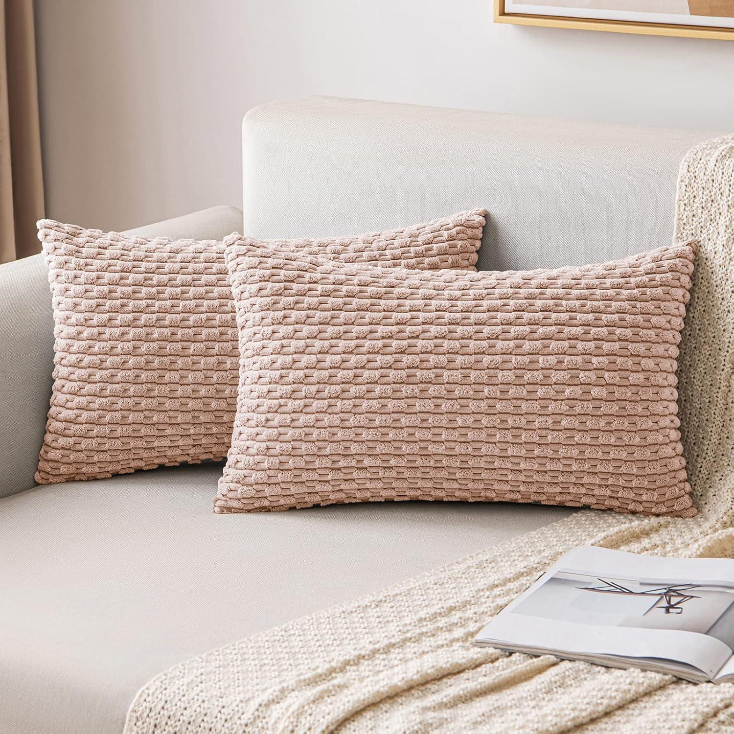 imageMIULEE Christmas Throw Pillow Covers Soft Corduroy Decorative Set of 2 Boho Striped Pillow Covers Pillowcases Farmhouse Home Decor for Couch Bed Sofa Living Room 18x18 Inch Pure WhitePink