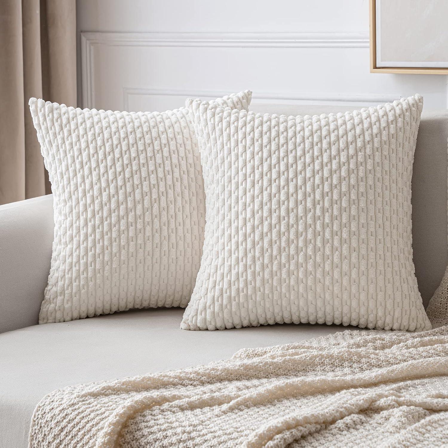 imageMIULEE Christmas Throw Pillow Covers Soft Corduroy Decorative Set of 2 Boho Striped Pillow Covers Pillowcases Farmhouse Home Decor for Couch Bed Sofa Living Room 18x18 Inch Pure WhitePure White