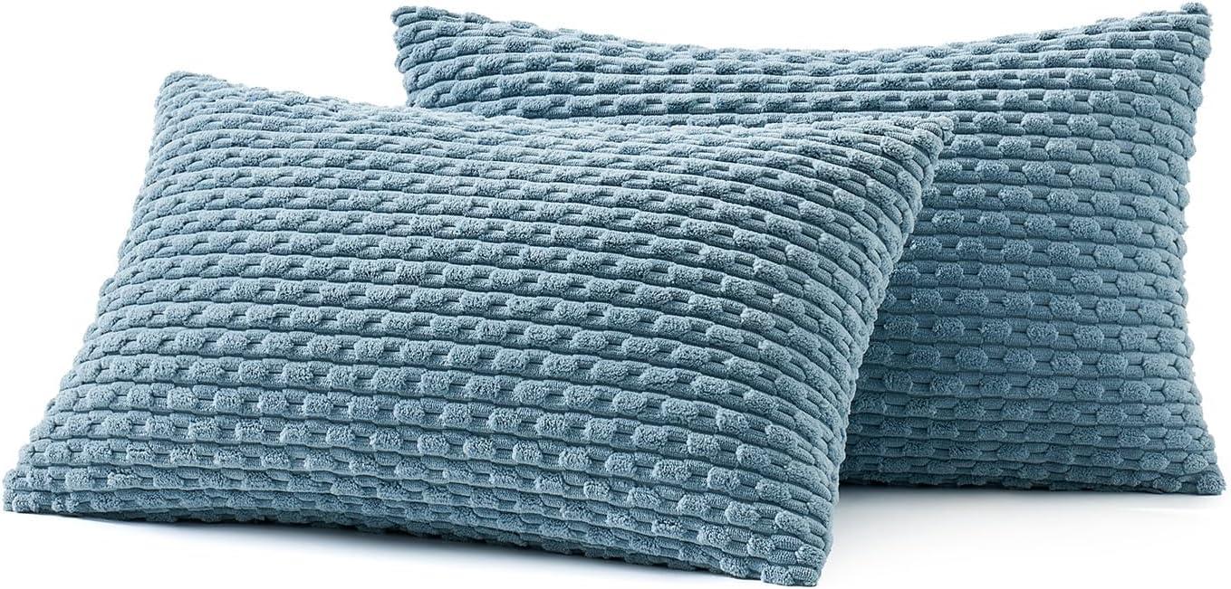 imageMIULEE Christmas Throw Pillow Covers Soft Corduroy Decorative Set of 2 Boho Striped Pillow Covers Pillowcases Farmhouse Home Decor for Couch Bed Sofa Living Room 18x18 Inch Pure WhiteBlue Grey