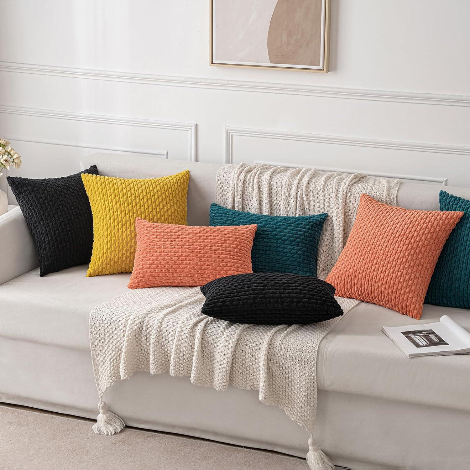 imageMIULEE Christmas Throw Pillow Covers Soft Corduroy Decorative Set of 2 Boho Striped Pillow Covers Pillowcases Farmhouse Home Decor for Couch Bed Sofa Living Room 18x18 Inch Pure WhiteMustard Yellow
