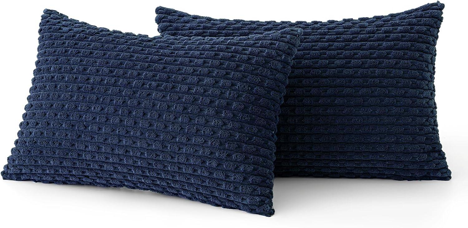 imageMIULEE Christmas Throw Pillow Covers Soft Corduroy Decorative Set of 2 Boho Striped Pillow Covers Pillowcases Farmhouse Home Decor for Couch Bed Sofa Living Room 18x18 Inch Pure WhiteNavy Blue