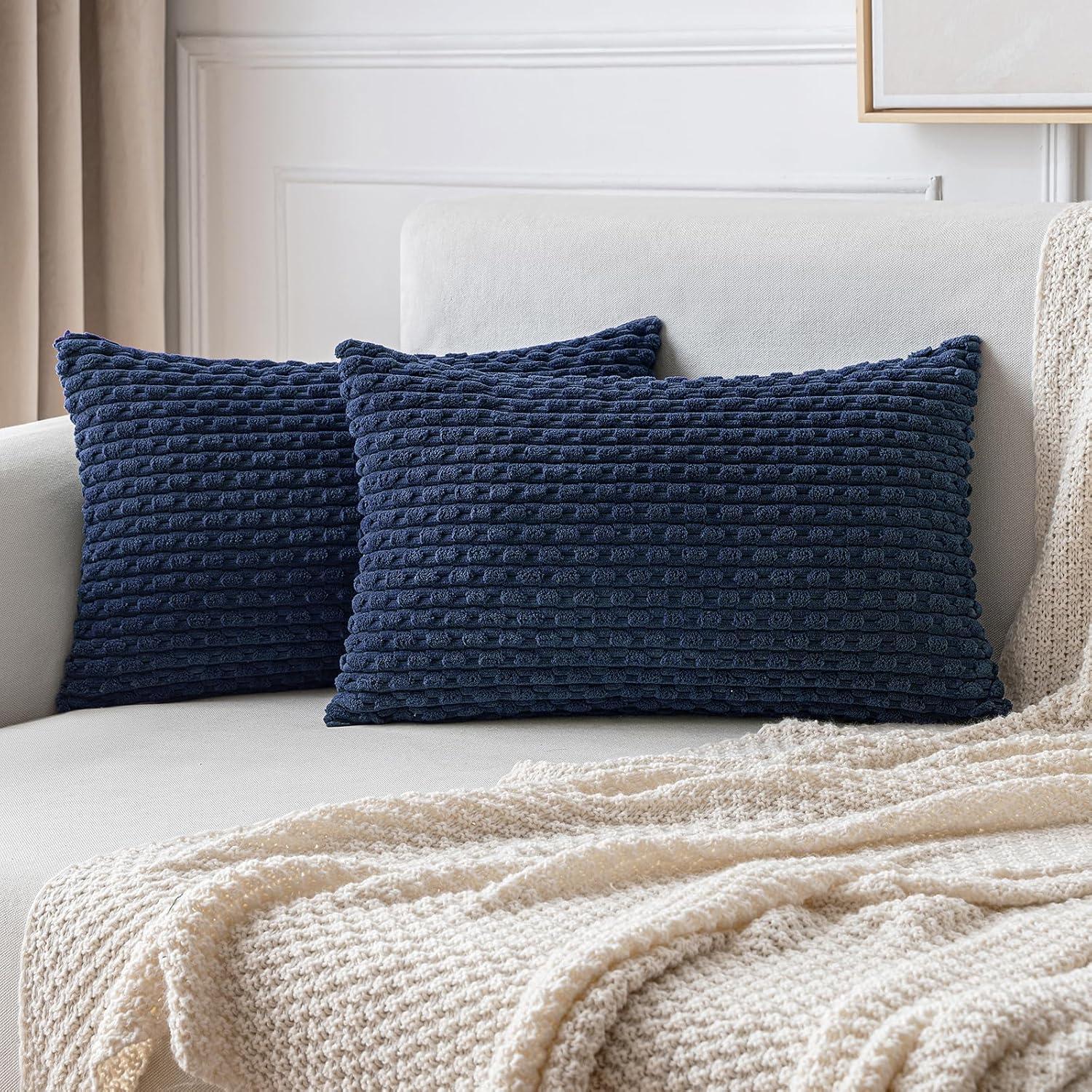 imageMIULEE Christmas Throw Pillow Covers Soft Corduroy Decorative Set of 2 Boho Striped Pillow Covers Pillowcases Farmhouse Home Decor for Couch Bed Sofa Living Room 18x18 Inch Pure WhiteNavy Blue